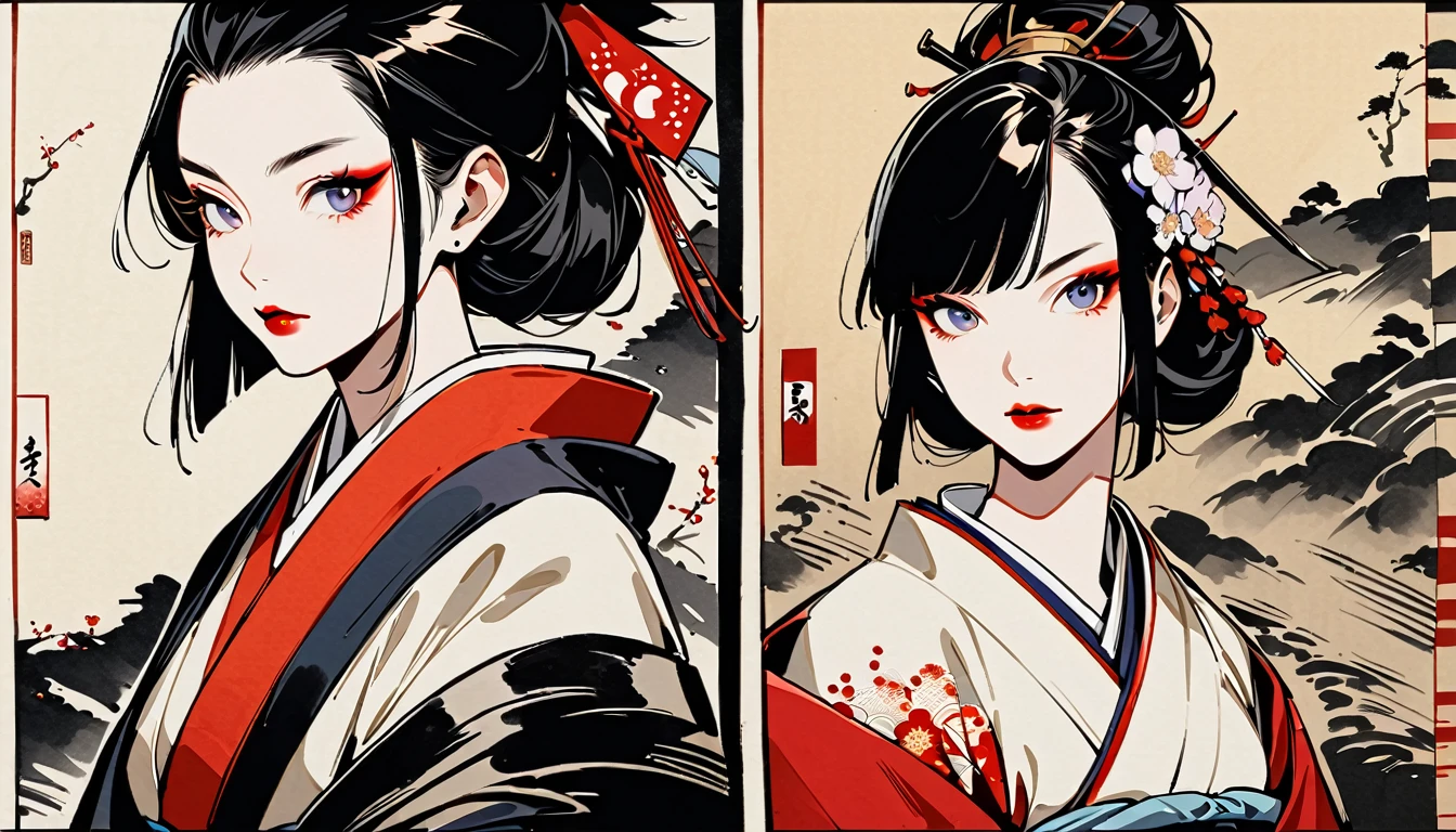 (((warrior))), (((Ink Painting))), (((1 girl))), (((Flashy makeup))), (((Japan人女性))), (((warrior))), Black Hair, Delicate and precise, Modern ukiyo-e style,Japan, Japanese flag