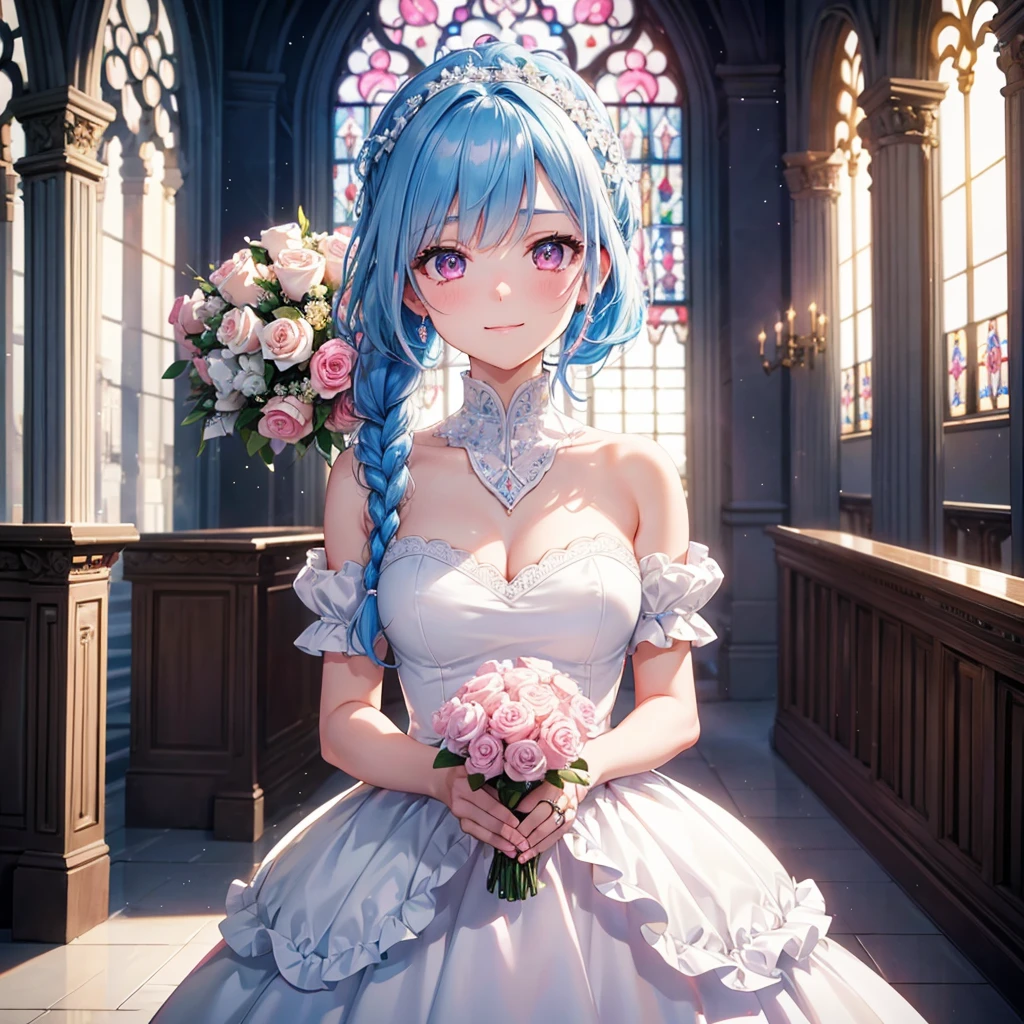 Sky blue hair, (Braided Ponytail),(Pink Eyes),Fair skin ,(whole body),(One Girl),bride,Big smile,Straight bangs, 6月のbride,Wedding dress,(masterpiece, Highest quality, Very detailed, Best Shadow), (Detailed Background), (Beautifully detailed face), High Contrast, (Best lighting, Very delicate and beautiful), ((Cinematic Light)), colorful, Hyper Detail 8k, Dramatic Light, Intricate details,Pure white sparkling background,A bouquet of roses in the right hand,Ring on left ring finger、cathedral、Stained glass、Sacred Light、Virgin Road、altar、