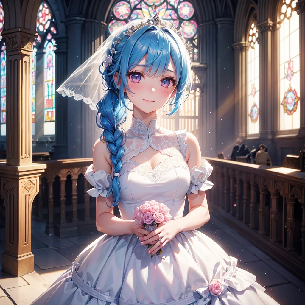 Sky blue hair, (Braided Ponytail),(Pink Eyes),Fair skin ,(whole body),(One Girl),bride,Big smile,Straight bangs, 6月のbride,Wedding dress,(masterpiece, Highest quality, Very detailed, Best Shadow), (Detailed Background), (Beautifully detailed face), High Contrast, (Best lighting, Very delicate and beautiful), ((Cinematic Light)), colorful, Hyper Detail 8k, Dramatic Light, Intricate details,Pure white sparkling background,A bouquet of roses in the right hand,Ring on left ring finger、cathedral、Stained glass、Sacred Light、Virgin Road、altar、