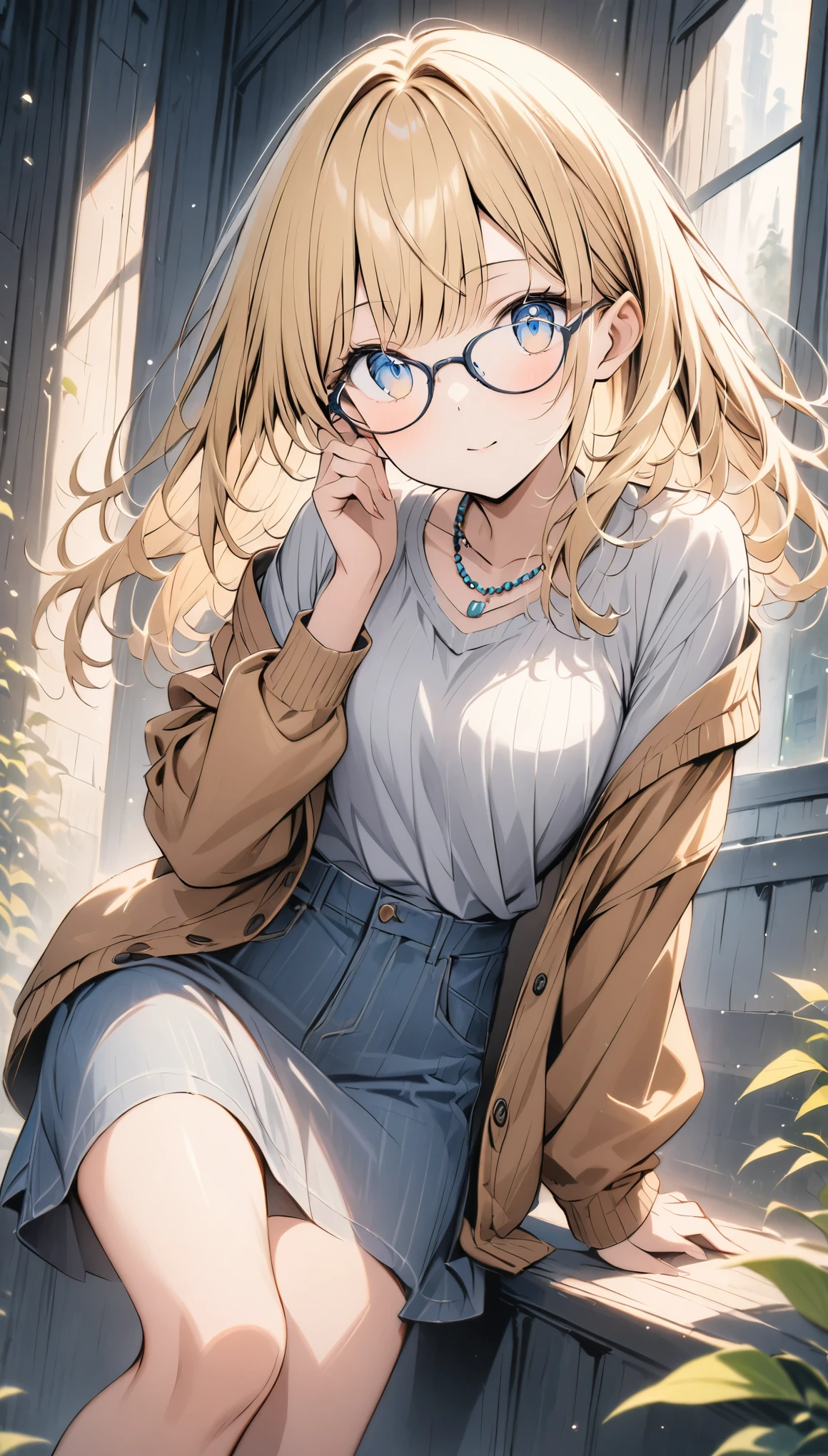 Gorgeous adult woman, Long neck, Long blonde hair, bangs, Perfect Eyes Eyes, Soft Light, high quality, 4K resolution, Casual clothing, Beaded Necklaces, knit cardigan, Over-rim eyewear, Wearing glasses, View your viewers, Put your hand on your cheek and think about it.