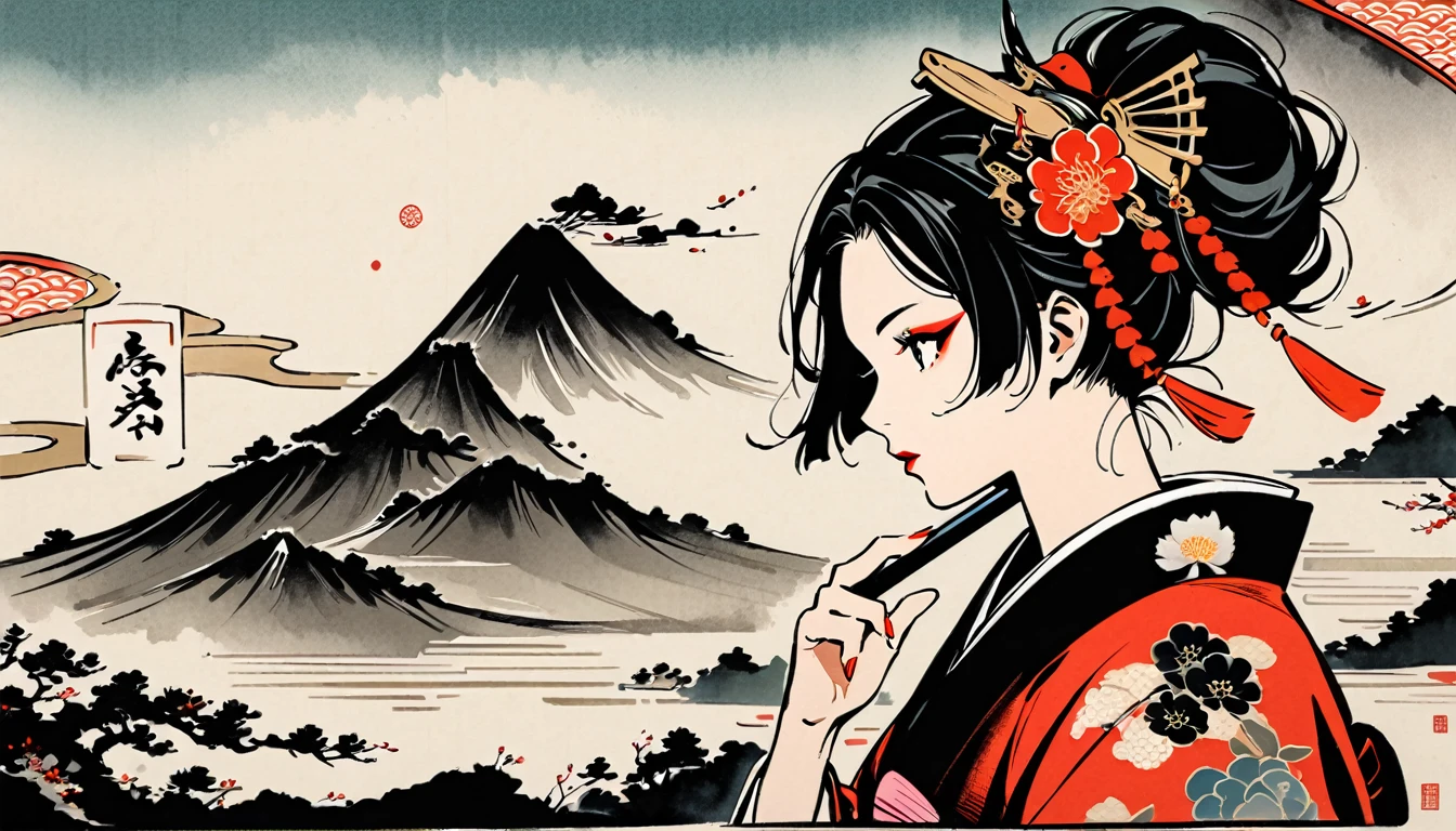 (((warrior))), (((Ink Painting))), (((1 girl))), (((Flashy makeup))), (((woman))), (((warrior))), Black Hair, Delicate and precise, Modern ukiyo-e style,Japan, Japanese flag