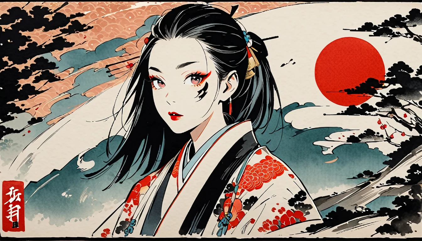 (((warrior))), (((Ink Painting))), (((1 girl))), (((Flashy makeup))), (((woman))), (((warrior))), Black Hair, Delicate and precise, Modern ukiyo-e style,Japan, Japanese flag