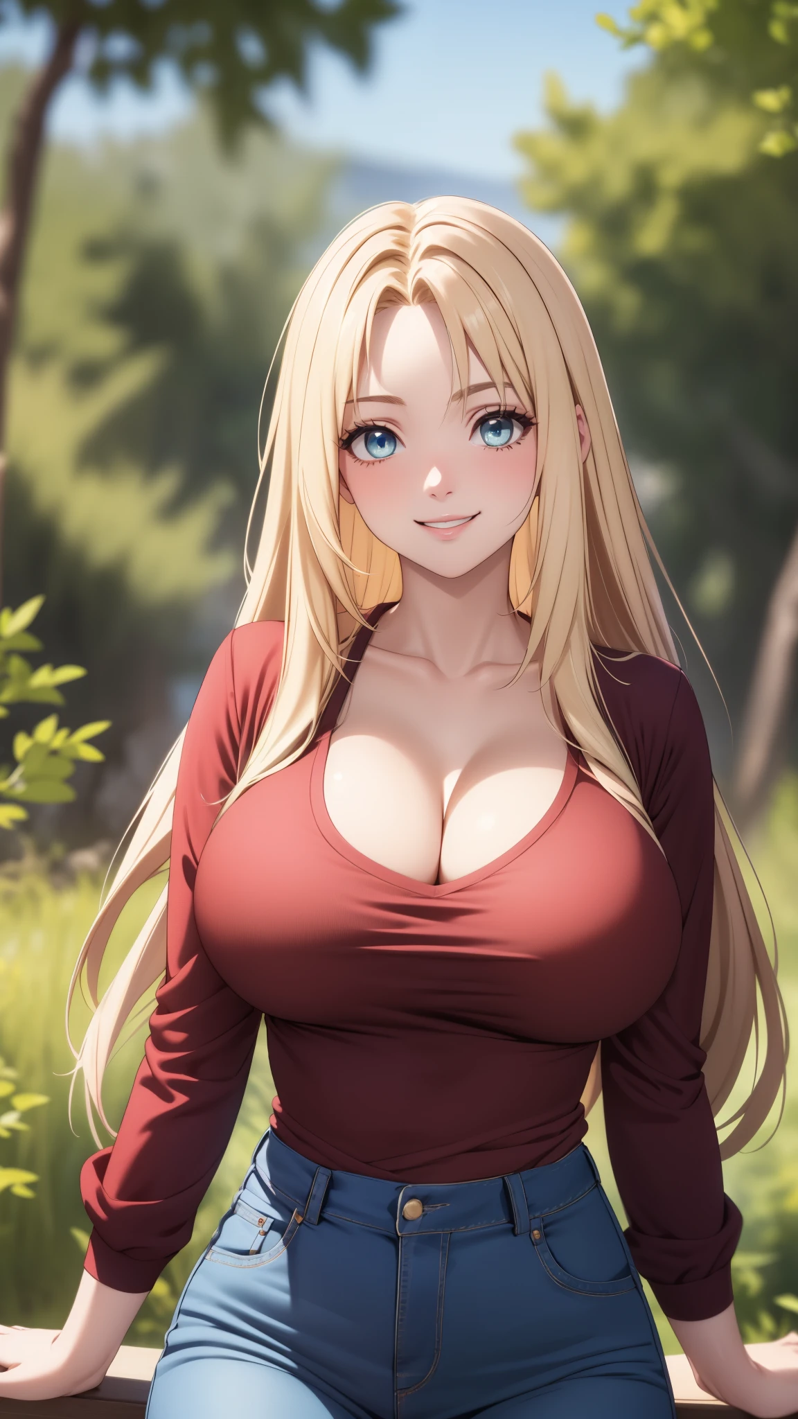 Row, 25 year old young woman. blonde hair with highlights, blue eyes like the sky. happy smile, big breasts, red and black  neckline top, skinny jeans,  nature background 