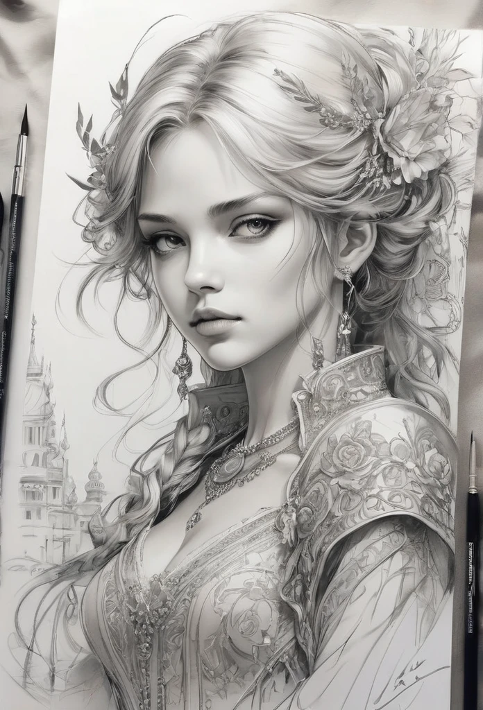 Anime line art, by Anna Razumovskaya, sketch, best quality, masterpiece, very aesthetic, perfect composition, intricate details, ultra-detailed, B&W