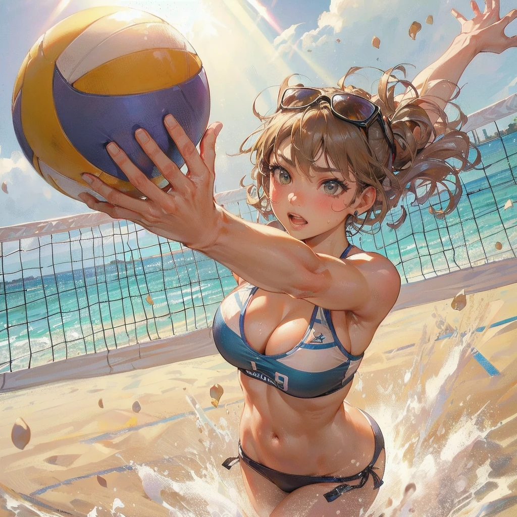 masterpiece, (textured skin), best quality, gorgeous beautiful girl, (a female beach volleyball athlete), detailed clothes,large breasts,narrow waist,, (beautiful face), cinematic lighting, (at beach volleyball venue ),