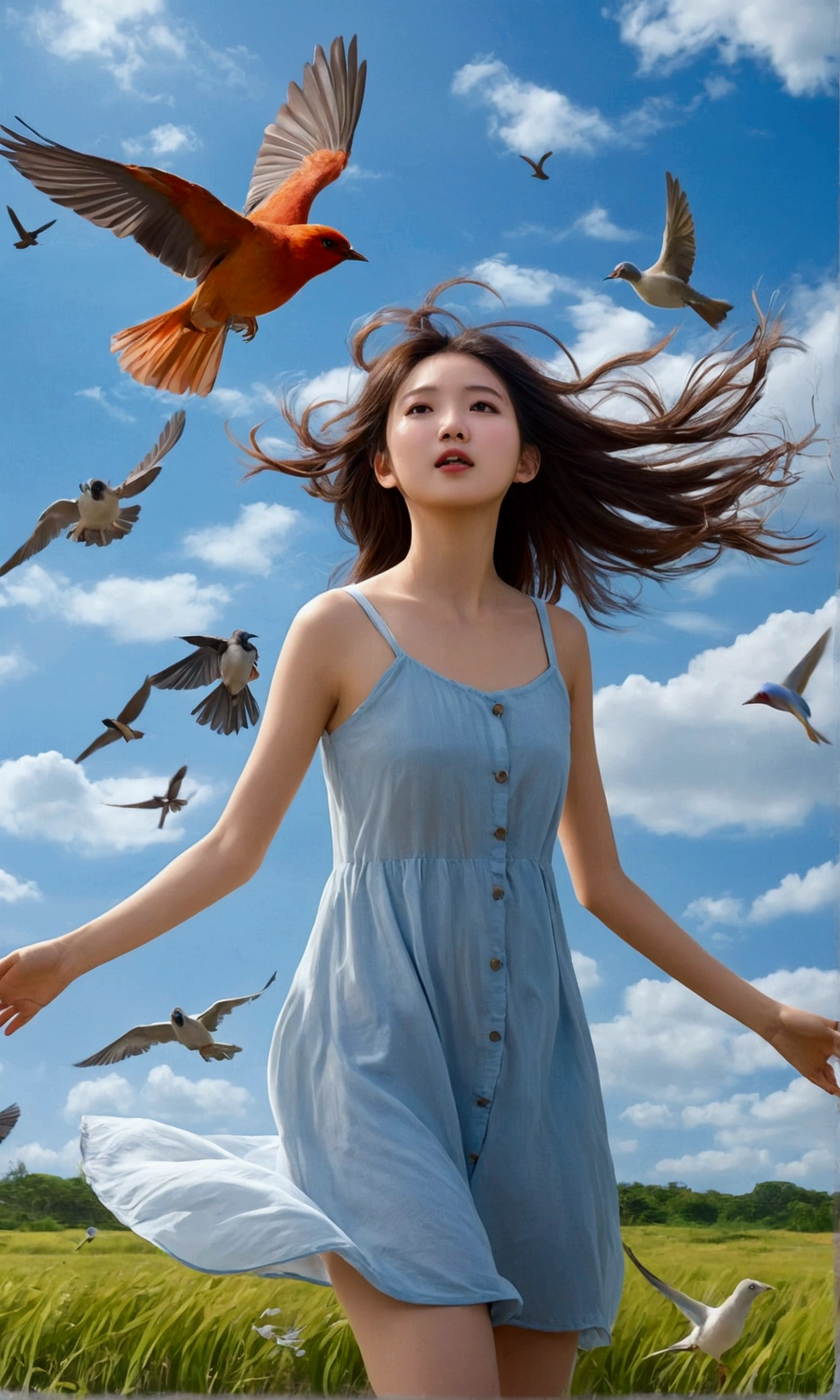 Shinkai Chengwei, Beautiful sky, girl blown by the wind, Fluttering Hair, barefoot, Birds are flying,