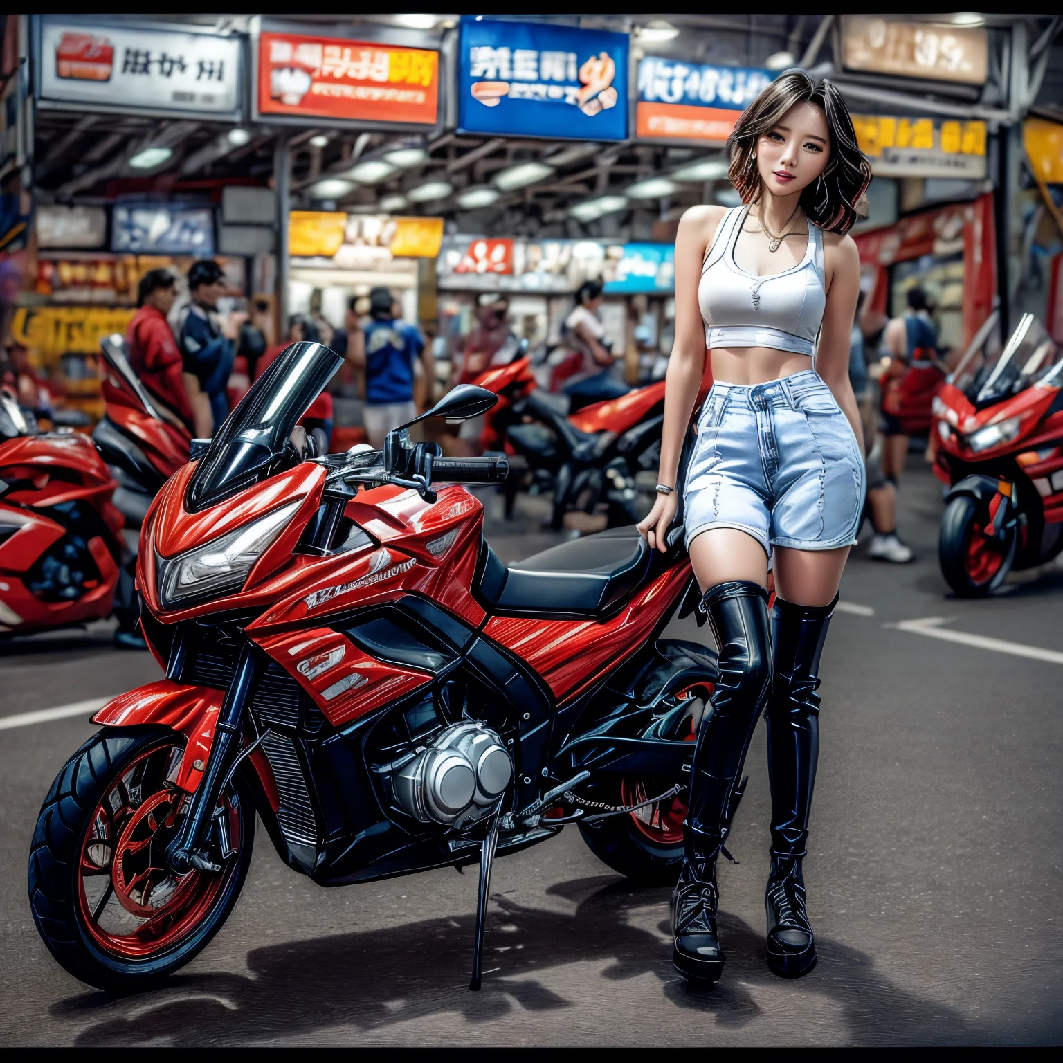 (ExtremelyDetailed((Song Joo A))) clearly visible the shape of Butt, Radiant PearlSkin with Transparency, motor cycle event girls in sexy costume, Detailed Clothing texture, Full of (motor cycle) . (Full body shot:1.2),Ultra-detailed,grand scale,epic,zoomed out,wide angle. (ExtremelyDetailed Beautiful face) Dynamic Joyful Expressions LifeLike Rendering. (Exposed:0.52) (TopQuality 8K(masterpiece(ProfessionalPhoto:1.37)))