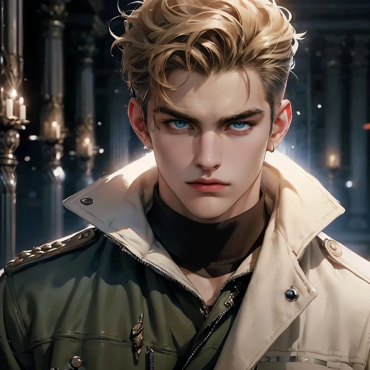 ((1 man)), A strong man in his 20s, dark blonde soft mohawk, ((Taking a snapshot by mistake)) , ((wearing white military uniform)), Square and strong jaw, wild and handsome, dark blue eyes, Charm, Gentle eyes, Wearing leather gloves, royal palace corridor, cinematic lighting, unreal engine, surreal, super high quality, (((masterpiece))), less muscular,