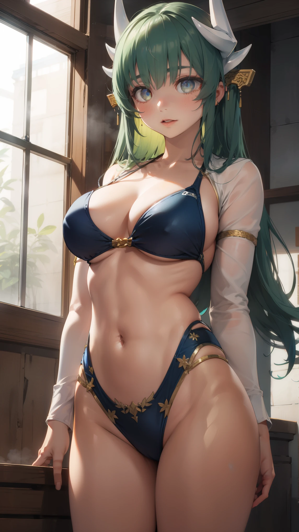 1girl, solo, ((aakiyo)), long hair, green hair, white horns, hair ornament, yellow eyes,
BREAK (swimsuit, cleavage, navel:1.2)
BREAK the navel is large、With both hands tied with ropes、Bondage,
BREAK (masterpiece:1.2), best quality, high resolution, unity 8k wallpaper,NSFW ,(illustration:0.8), (beautiful detailed eyes:1.6), extremely detailed face, perfect lighting, extremely detailed CG, (perfect hands, perfect anatomy),