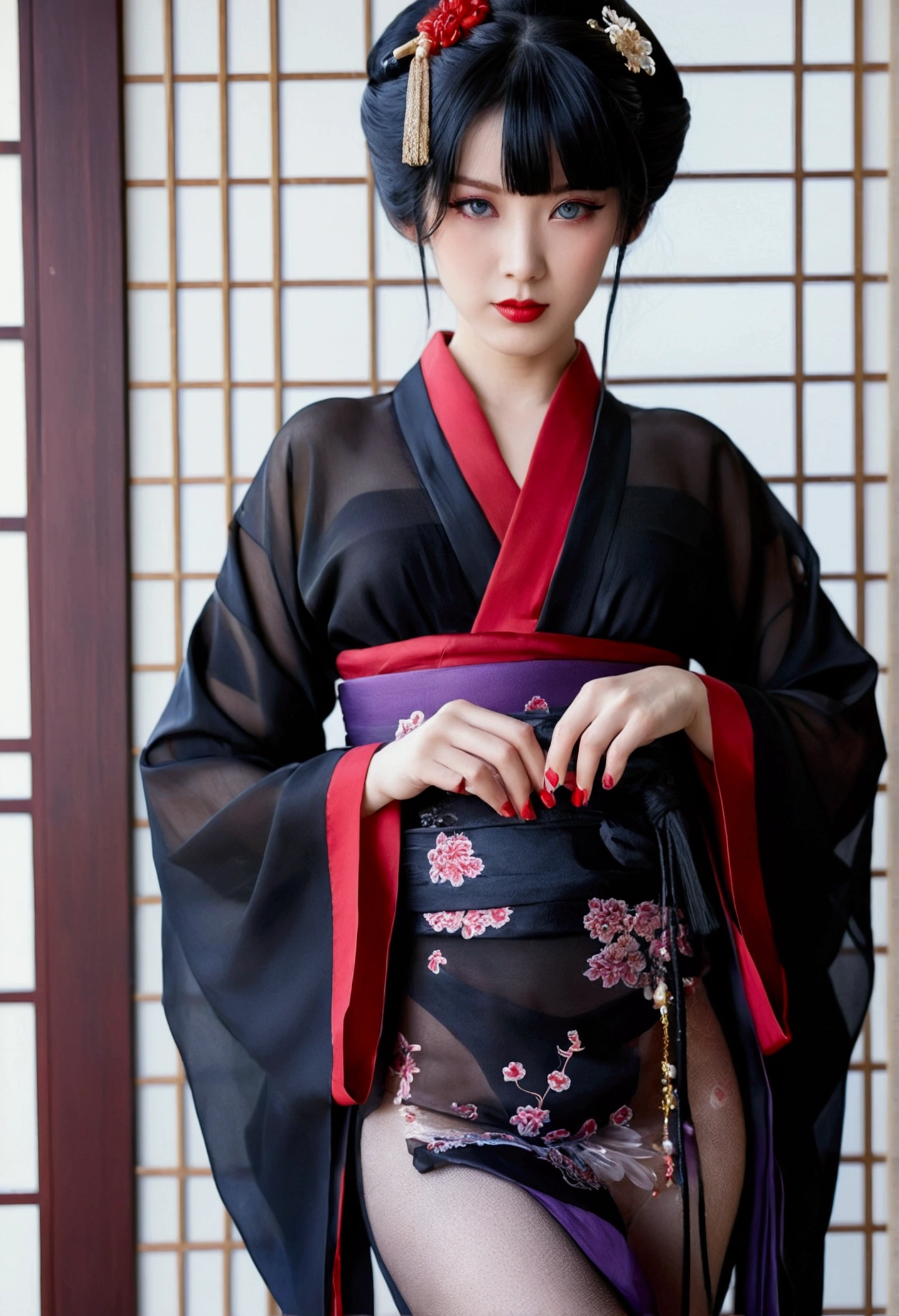 looking at the viewer, Blue eyes, black hair, hair ornaments, Upper body, kimono, kimono, sash, compensate, lipstick, red nails, red lips, Hairpin,silk stockings ,See-through hakama, dark purple eyes,whole body ,Open Crotch See-Through,Black face veil , black nylon , silk stockings ,See-through hakama、A transparent black kimono ,sheer ,enamel high heels,pearl necklace,red collar,straight, shortcut, hair ornaments