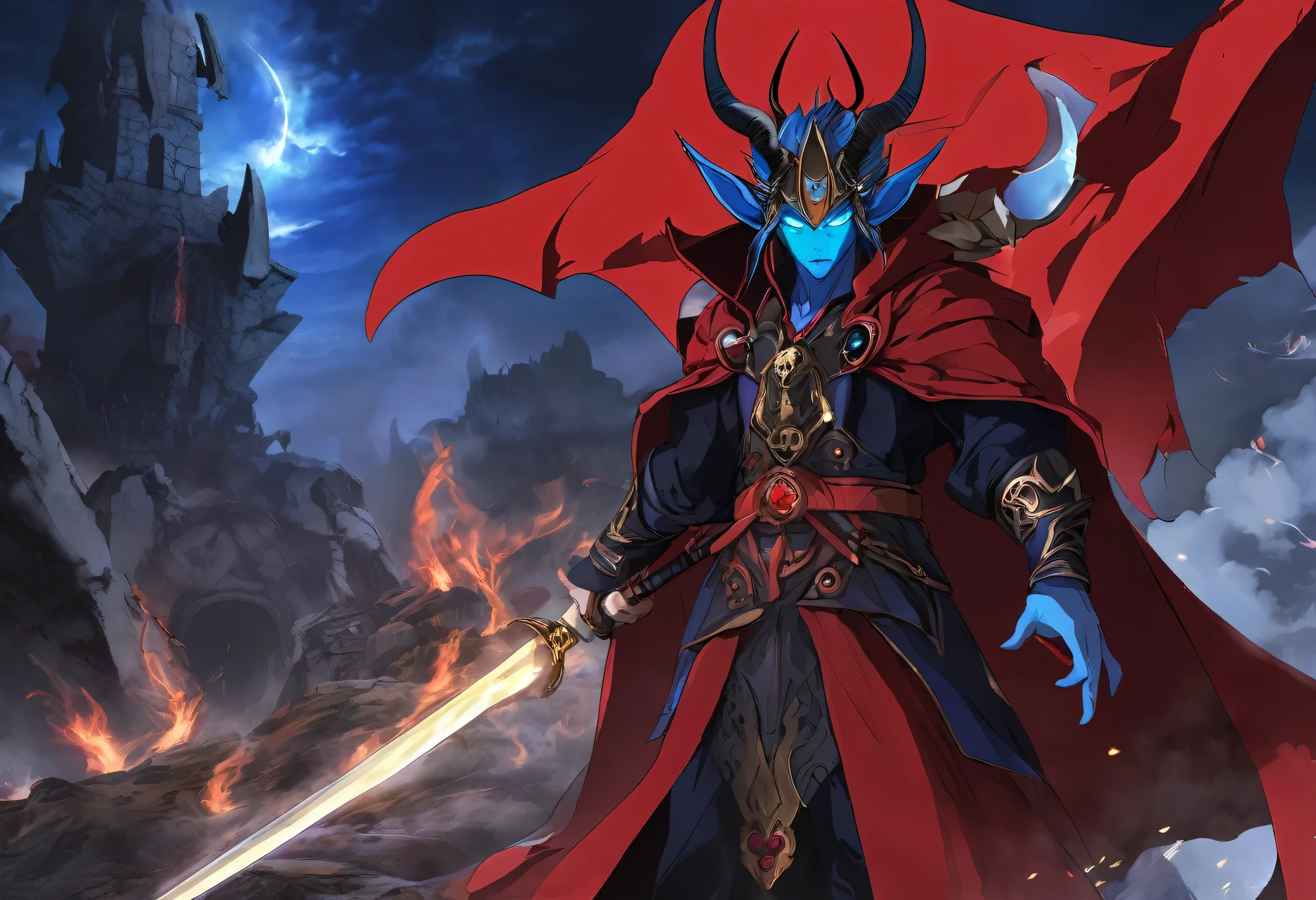 Against the backdrop of smoldering ruins, demon king、Blue skin、eyeball on forehead、Two horns sticking out from his forehead、Wearing a red cloak、Mage Outfit、As the dark entity exerts its other-dimensional power on Earth, Clash of 2.5D realism and captivating anime style