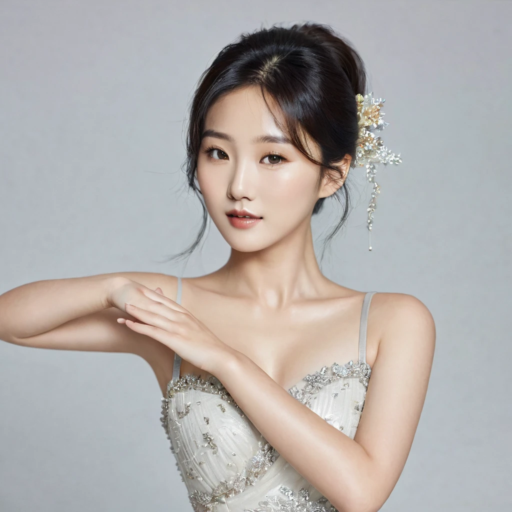A beautiful Korean woman extends her hand to the left.