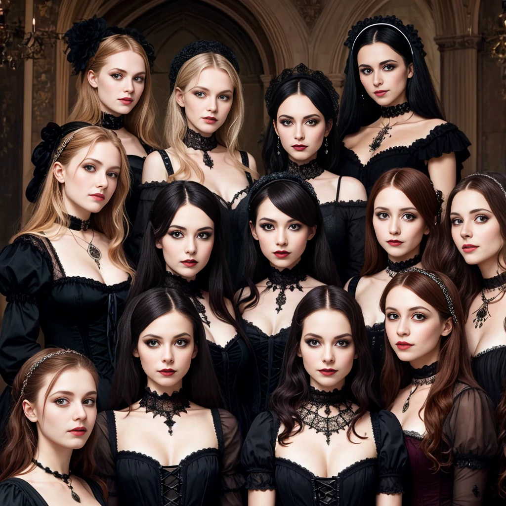 beautiful group of 18 woman dutch wearing gothic costume focus on face