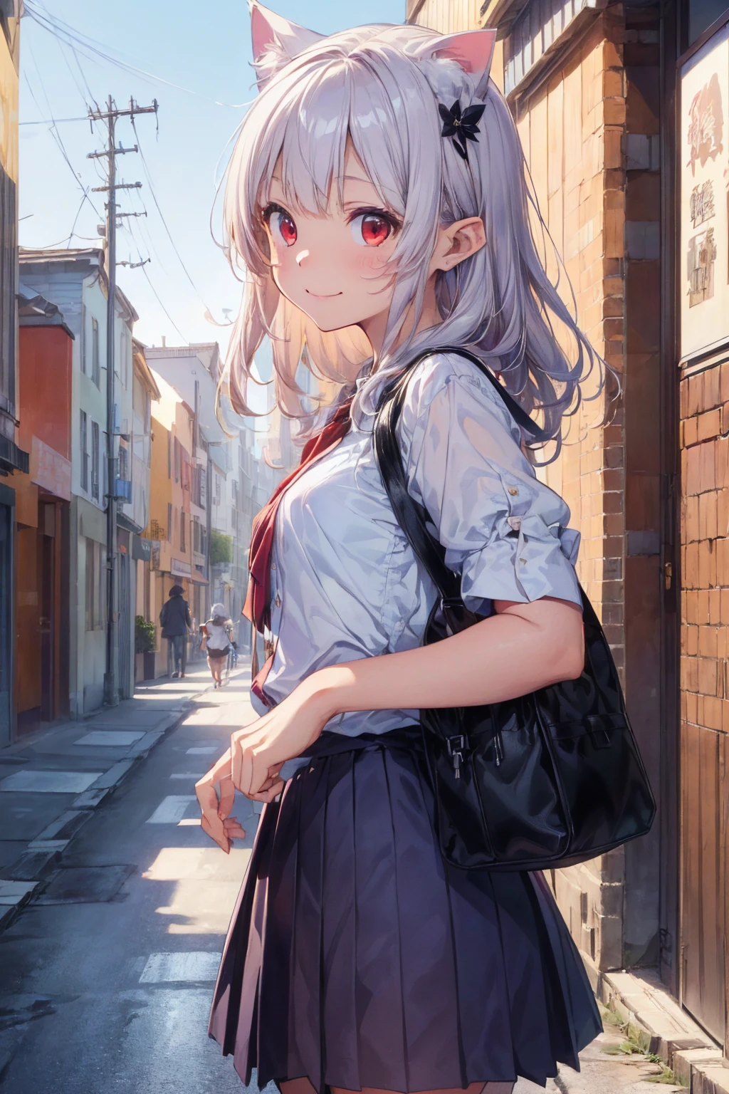 (((masterpiece))), (((Highest quality))), ((Very detailed)), ((Very detailedなイラスト)), ((Ultra-fine painting)), (16K Highest quality wallpaper:1.4), (Detailed and elaborate illustration style,:1.8) Detailed skin texture, High quality fabric, , (T-masterpiece), (Very detailedな顔:1.4), original, RAW Photos, Professional, Intricate details, Very detailed, Direct sunlight:1.6, ,(Cowboy Shot:1.9)、(Perfect Anatomy:1.4), (Extremely elaborate hands:1.2), (Very elaborate fingers:1.2), (Very elaborate fingers先:1.2),, (alone:1.6), (beautiful and adorable cat ears:1.6), (Intricate and delicate white cat ears:1.5), (beautiful, Shiny white hair:1.6), (Very fine and delicate white hair:1.4),, (Very detailedな顔:1.4),(Light purple eyes:1.6),(smile:1.4),(wariza:1.9),yuukikonno, Yuki Konno, hair band, Long Hair, Pointy Ears, Purple Hair, (Red eyes:1.5), (Small breasts:1.2), smile、White shirt,Purple blazer,Purple pleated skirt,Black socks,Brown Loafers,Toast in the mouth, running, City Street,morning,morning日,sunrise,A girl running with a student bag,
break looking at viewer, Upper Body, whole body,
break outdoors, Residential Street,
break (masterpiece:1.2), Highest quality, High resolution, unity 8k wallpaper, (shape:0.8), (細かくてbeautiful目:1.6), Very detailedな顔, Perfect lighting, Very detailedなCG, (Perfect hands, Perfect Anatomy),