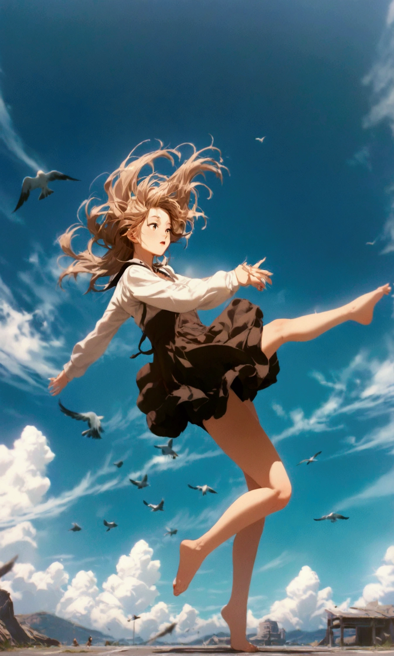 Shinkai Chengwei, Beautiful sky, girl blown by the wind,  Fluttering Hair, barefoot, Birds are flying,