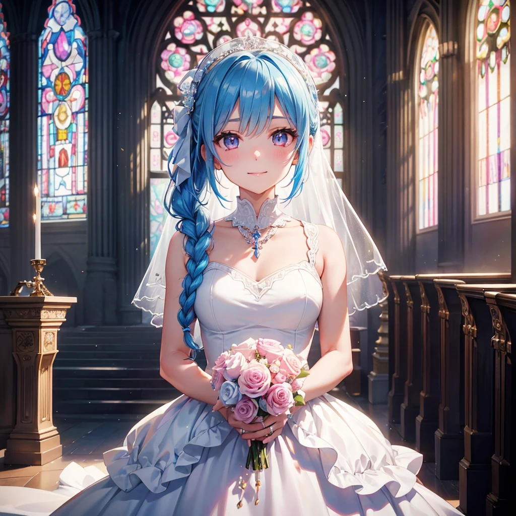 Sky blue hair, (Braided Ponytail),(Pink Eyes),Fair skin ,(whole body),(One Girl),bride,Big smile,Straight bangs, 6月のbride,Wedding dress,(masterpiece, Highest quality, Very detailed, Best Shadow), (Detailed Background), (Beautifully detailed face), High Contrast, (Best lighting, Very delicate and beautiful), ((Cinematic Light)), colorful, Hyper Detail 8k, Dramatic Light, Intricate details,Pure white sparkling background,A bouquet of roses in the right hand,Ring on left ring finger、cathedral、Stained glass、Sacred Light、Virgin Road、altar、