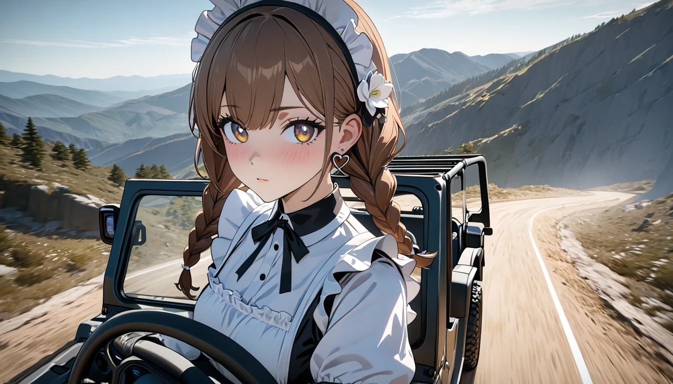 ((best quality)), ((masterpiece)), (detailed), perfect face, ((Best quality, 8k, Masterpiece: 1.3)), Sharp focus, Highly detailed face and skin texture, Detailed eyes, Double eyelid, brown hair, low twin braids, hair flower, heart earrings, A maid costume with frills, white brim, high resolution, Textured skin, anime style, A maid driving a jeep, Jeep Wrangler Sport, Running on mountain roads, Side view