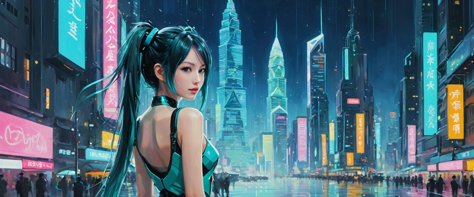 Hatsune Miku、((Masterpieces with up to 16K resolution):1.6), ((Intricate details):1.4), ((Very crazy details):1.4),((Highest quality):1.3),((Soft-colored 4K high-definition digital art):1.3). | (((Futuristic City):1.5))), ((Neon light glow):1.4), ((Future cityscape):1.3), ((サイボーグのHatsune Miku):1.4), ((Digital Advertising and Holograms):1.1), Gouache with Intricate detailss, pastel colour, Drops of ink, Fine brushwork has been improved, Careful brushwork creates a sense of atmosphere, Utilize delicate yet powerful brushwork techniques, Create an enchanting atmosphere. Very fine gouache, ((Unmatched clarity and clarity):1.1), ((A futuristic city rendered in stunning 32K resolution):1.3), ((Paintings of Women by Agnes Cecil):1.3), All in sharp focus.