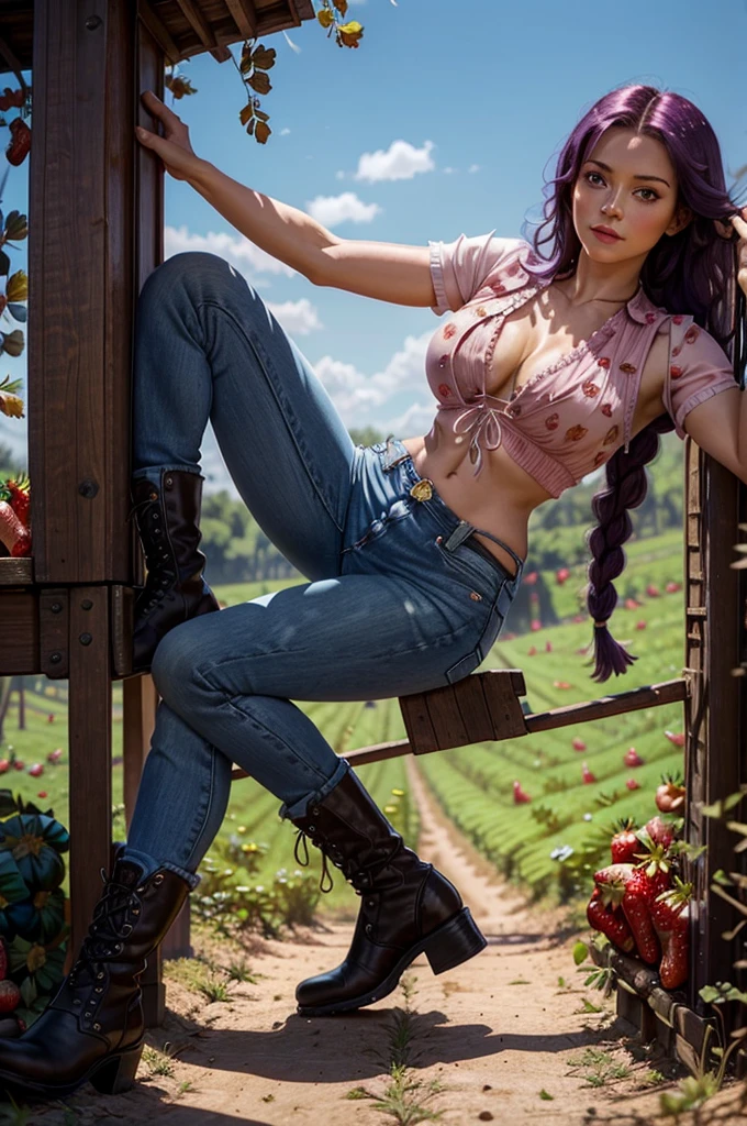 Beautiful Caucasian woman. Fitness body. Big round breasts. Just one woman. Alone. Western woman. Long hair with 1 braid. Purple hair. Bright purple eyes. Woman wearing jeans shorts, a crop top showing her belly and on top she is wearing a jeans vest, she is wearing black leather boots. The woman is in a field full of strawberry plantations on a sunny day with a beautiful blue sky. Dynamic light. Dynamic shadows. High resolution. Detailed.