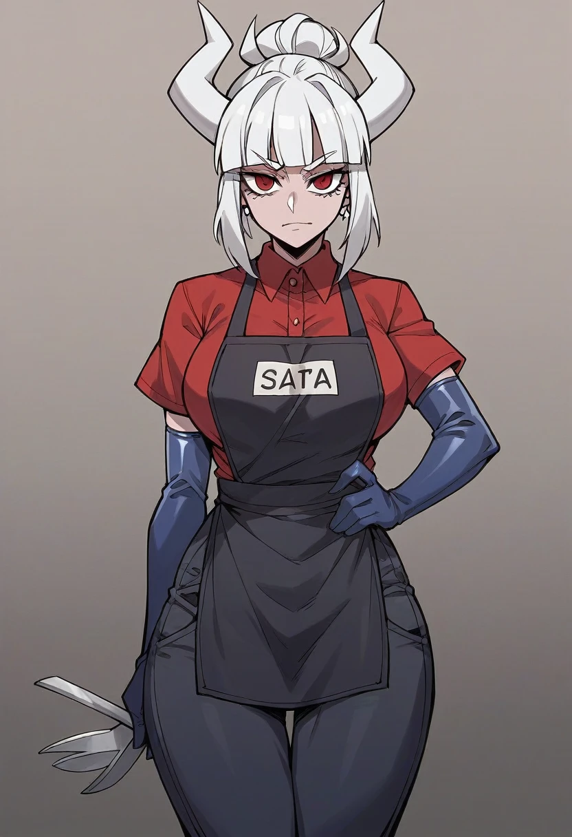 1girl, lucifer \(helltaker\), ((blue elbow gloves)), ((surgical gloves)), ((latex gloves)), (red shirt), ((long sleeves)), (black apron), (pants), looking at viewer, standing, solo