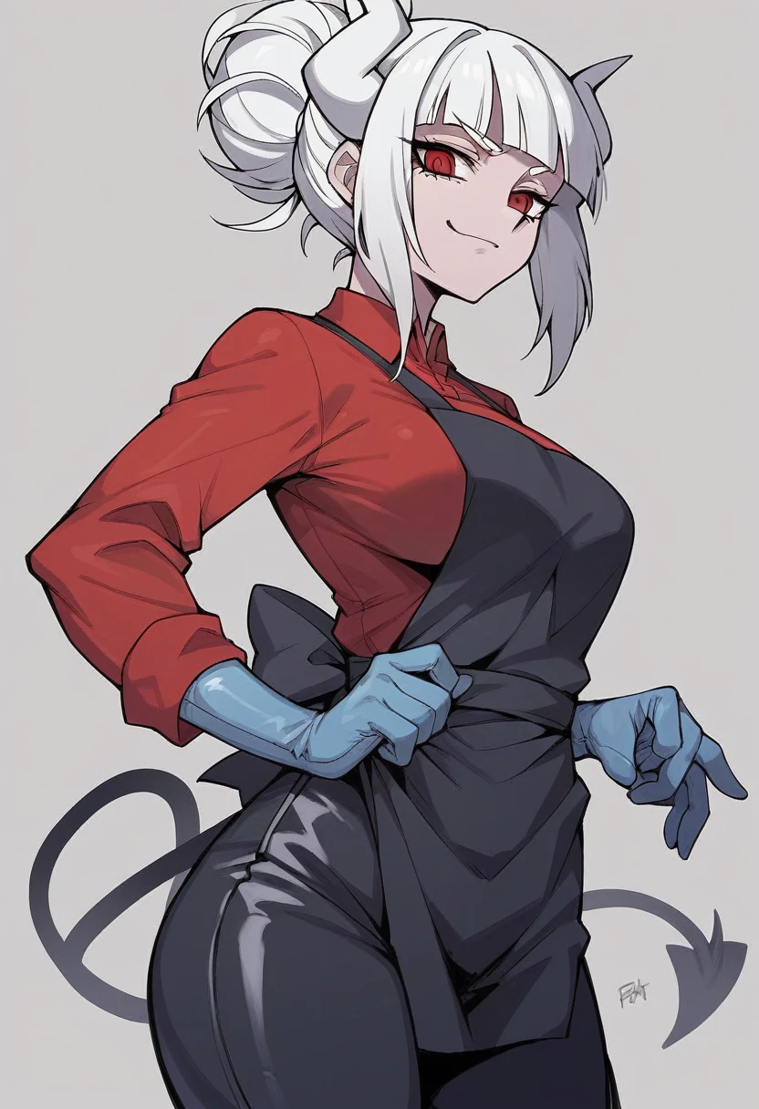 1girl, lucifer \(helltaker\), ((blue elbow gloves)), ((surgical gloves)), ((latex gloves)), (red shirt), ((long sleeves)), (black apron), (pants), looking at viewer, standing, solo
