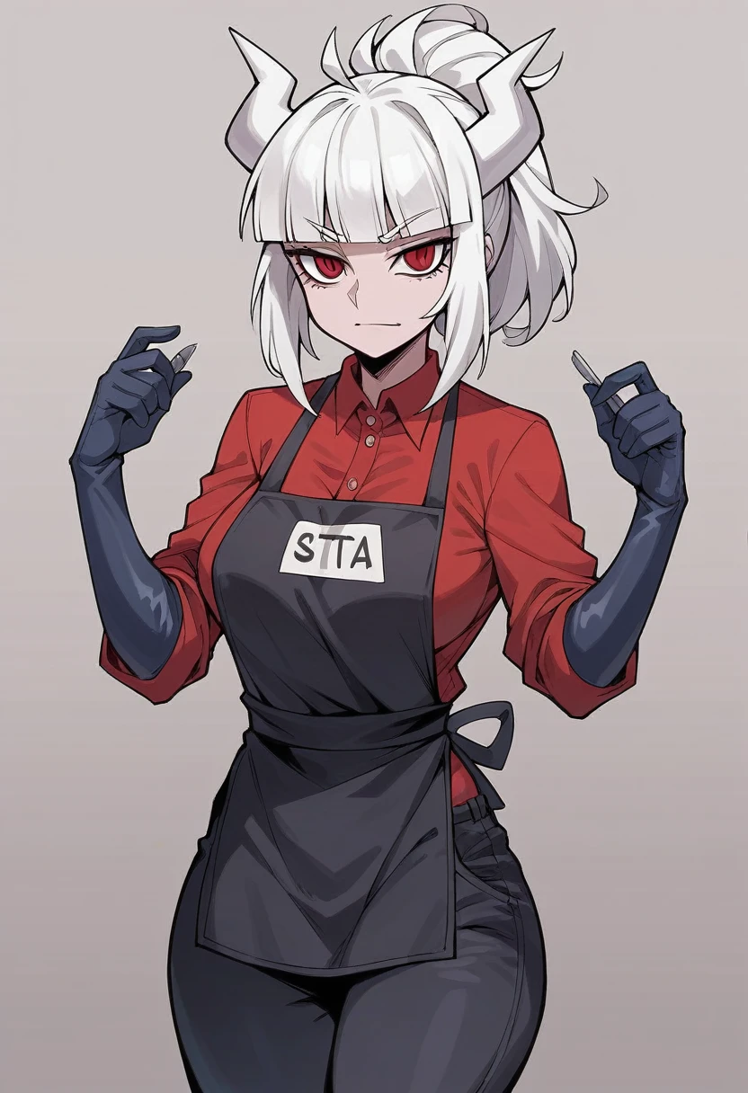 1girl, lucifer \(helltaker\), ((blue elbow gloves)), ((surgical gloves)), ((latex gloves)), (red shirt), ((long sleeves)), (black apron), (pants), looking at viewer, standing, solo