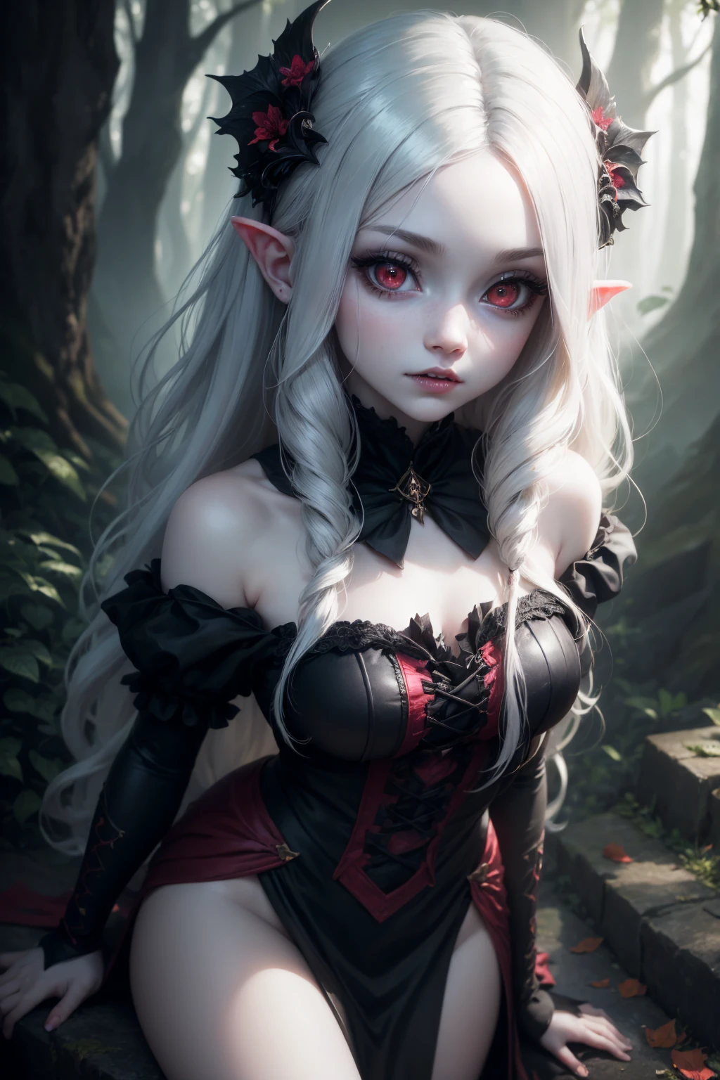 A beautiful young vampire girl with pale white skin, long dark hair, and striking red eyes, wearing a flowing black dress, posing in a mysterious briar-filled forest environment, (best quality,4k,8k,highres,masterpiece:1.2),ultra-detailed,(realistic,photorealistic,photo-realistic:1.37),extremely detailed face and eyes, cinematic lighting, dramatic and moody atmosphere, dark fantasy style