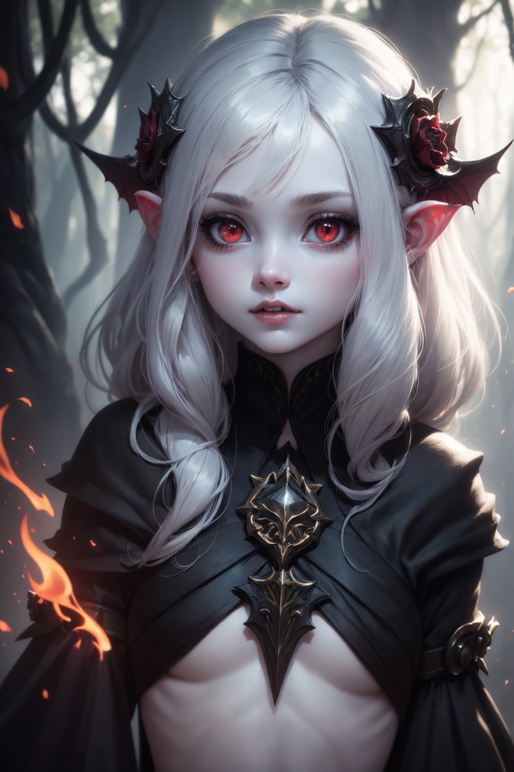 A beautiful young vampire girl with pale white skin, long dark hair, and striking red eyes, wearing a flowing black dress, posing in a mysterious briar-filled forest environment, (best quality,4k,8k,highres,masterpiece:1.2),ultra-detailed,(realistic,photorealistic,photo-realistic:1.37),extremely detailed face and eyes, cinematic lighting, dramatic and moody atmosphere, dark fantasy style
