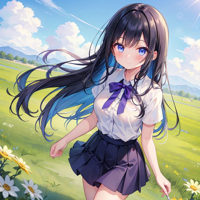 Masterpiece, best quality, high quality, 1girl, solo, has long black hair, Blue eyes, wearing plain White shirt with Purple skirt, pretty face, medium breasts, walking in the grassland, absurdres, high res, ultrasharp, 8K, masterpiece, looking at viewer, smiling, Sunny day, Blue sky