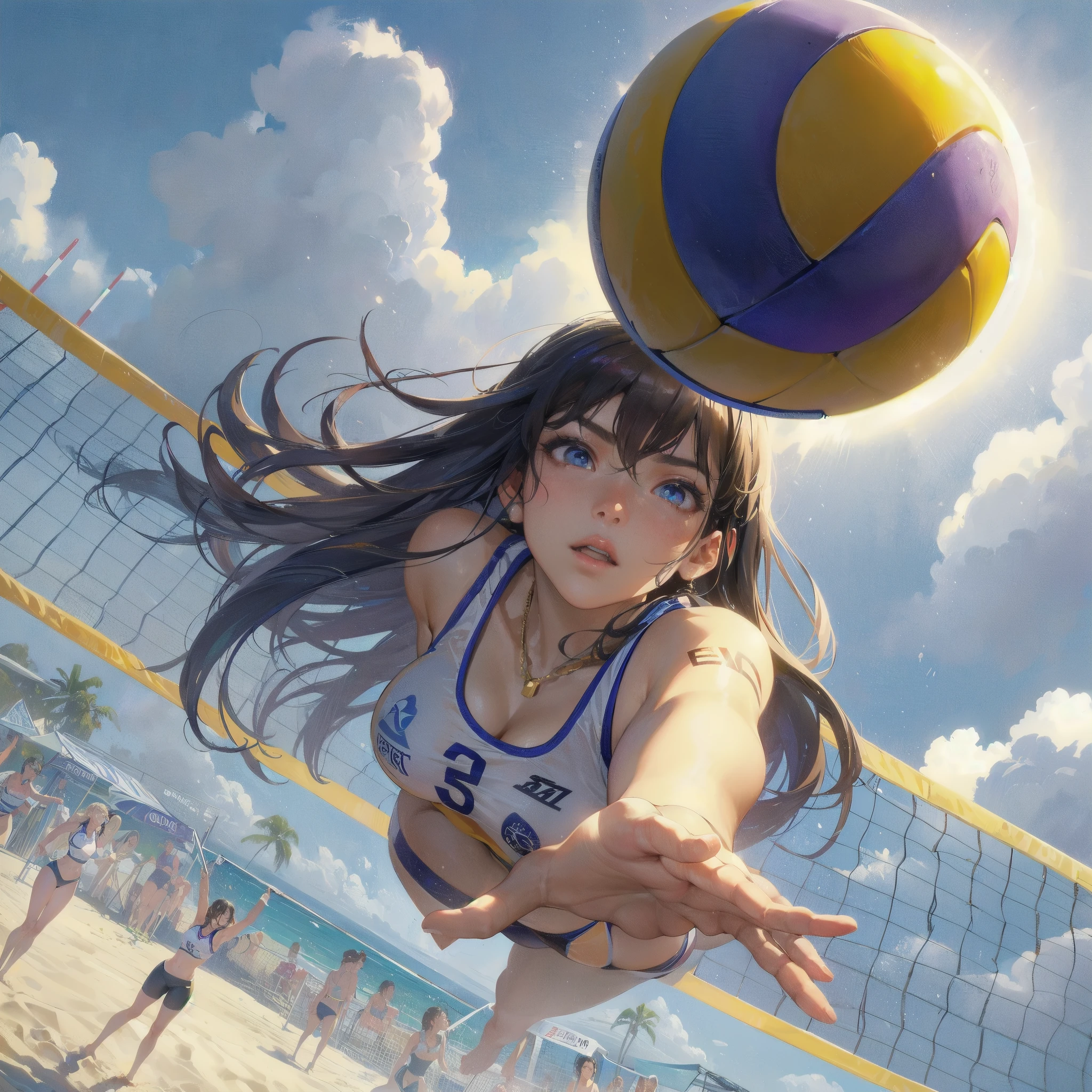  masterpiece, (textured skin), best quality, gorgeous beautiful girl, (a female beach volleyball athlete), detailed clothes,large breasts,narrow waist,, (beautiful face), cinematic lighting, (at beach volleyball venue ),