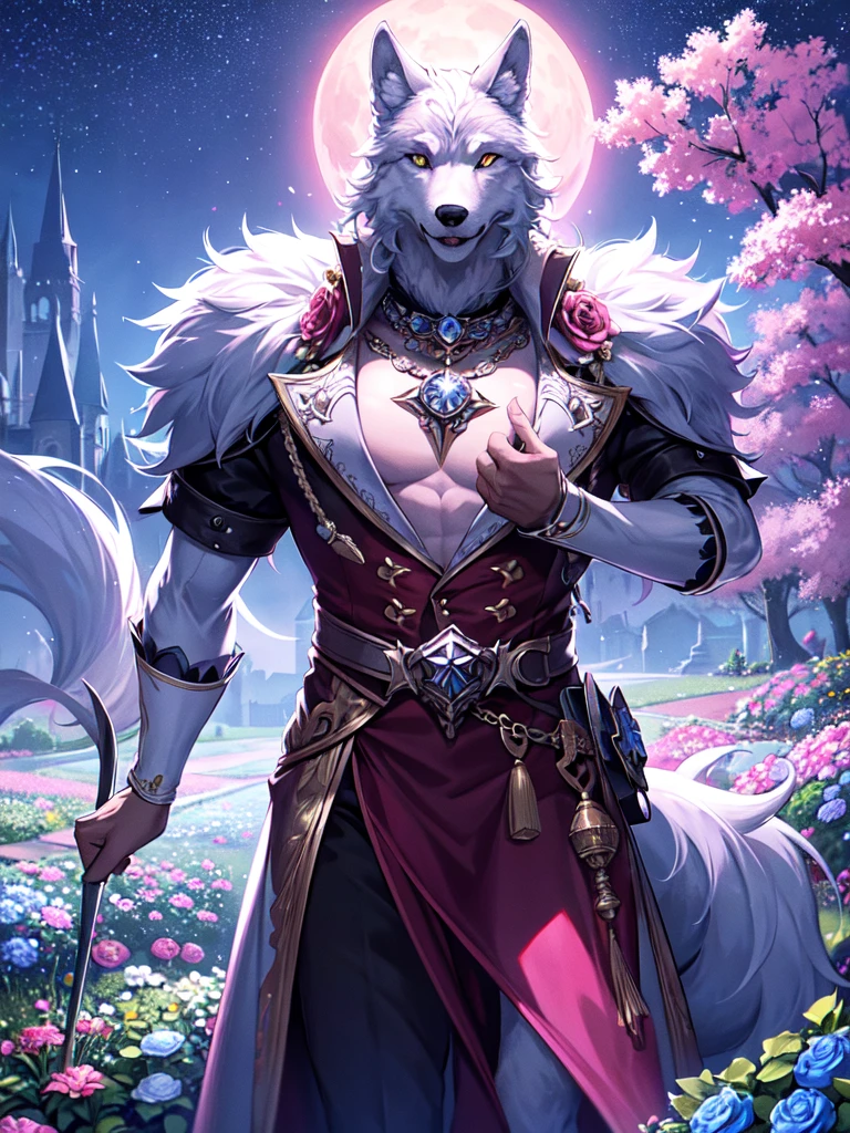top quality, expensive_solve, clear_image, detailed background, 1boy, wolf, furry, pink fur, tail, flower, garden, starry sky,