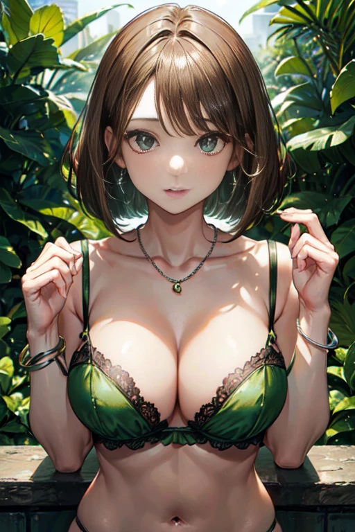 (masterpiece, best quality:1.6), 
(random sexy pose),(cute and symmetrical face),
perfecteyes, beautiful green eyes, 

(32 years old: 1.2,mature), (Energetic, friendly, with a healthy dose of charm: 1.2), bright smile,Friendly smile,  fitness trainer, well-groomed eyebrows, ((Glossy smooth hair, light brown hair,Light brown short bob cut hairstyle: 1.5)), Big hips, big breasts, 

(green sexy Lingerie, green thong), 

(wedding ring, Silver chain necklace with small green charms, simple earrings, silver bracelet), 

(Daytime big park:1.3, wide angle and depth of field), 

official art, raw photo, incredibly absurdres, facelight, dynamic lighting, cinematic lighting, ultra realistic, highres, photography, sharp focus, highest detailed, extremely detailed eyes and face,