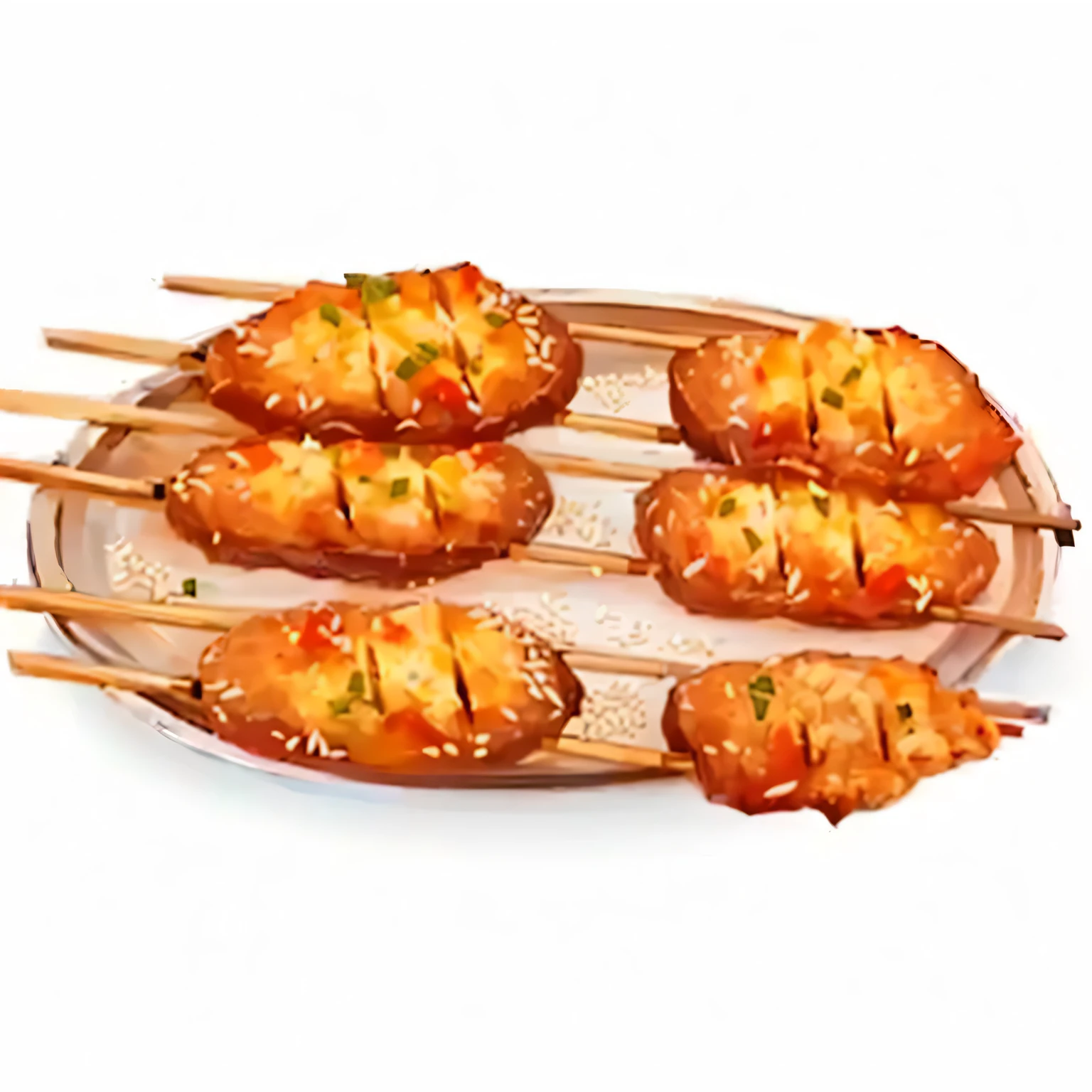 a close up of a plate of food with skewers on it, skewer, luscious patty with sesame seeds, luscious with sesame seeds, grilled chicken, kebab, spears, ready to eat, chicken, cooked, crab, which splits in half into wings, wings made of pizza, each having six wings, grill, crispy buns, barbecue