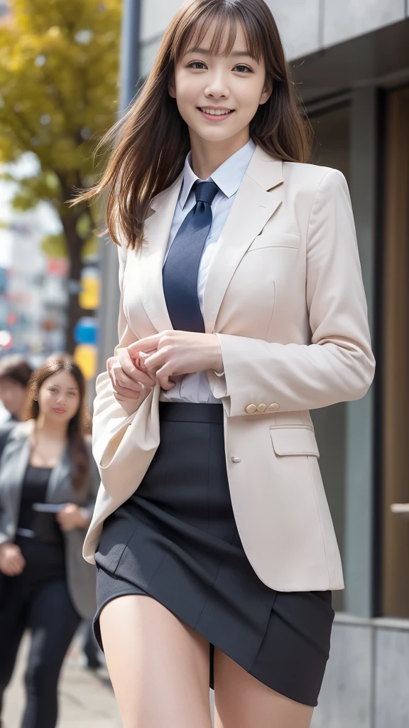 Woman in a suit standing on the sidewalk,((25-year-old woman))、small Breasts、Dark brown hair color、Hairstyle with bangs、Various hairstyles、Hairstyles of different lengths、(8k, RAW Photos, highest quality, Tabletop: 1.2),、(Realistic, Realistic: 1.3), Cityscape, Day, Sunny Morning, Professional Lighting, Photon Mapping, shirt, (Woman in a suit,) Silk Suit、Pencil Skirt、Tight Skirt、((Delicate photo))，(Detailed RAW Photos of Girls), (Tabletop:1.25), (highest quality:1.6), (超A high resolution:1.5), (Realistic:1.75), 8k resolution, Canon EOS R5, 50mm, absurdes, Ultra-detailed,Cinema Lighting, (Skirt Lift:1.2)、nsfw、the wind is strong、smile、Skirt flipped up、sexy white panties