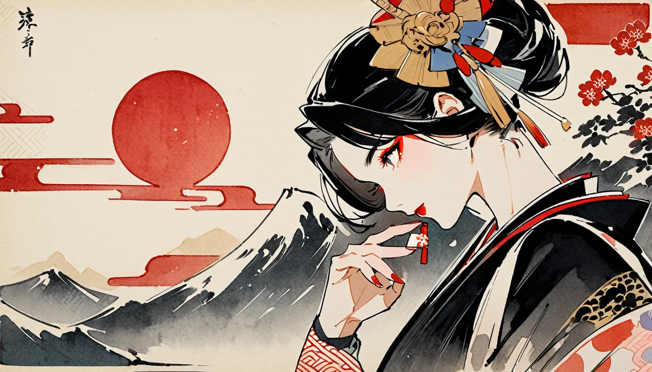 (((warrior))), (((Ink Painting))), (((Japan刀))), (((Flashy makeup))), (((Japan人女性))), (((warrior))), Black Hair, Delicate and precise, Modern ukiyo-e style,Japan, Japanese flag