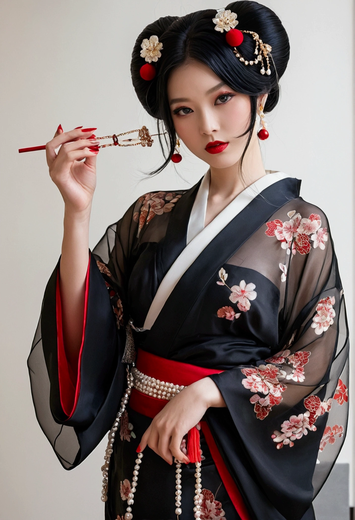looking at the viewer, , black hair, hair ornaments, Upper body, kimono, kimono, sash, compensate, lipstick, red nails, ,silk stockings ,See-through hakama, ,whole body ,See-Through,Black face veil , black nylon , silk stockings ,See-through hakama、A transparent black kimono ,sheer ,enamel high heels,pearl necklace,red collar,straight, shortcut, hair ornaments