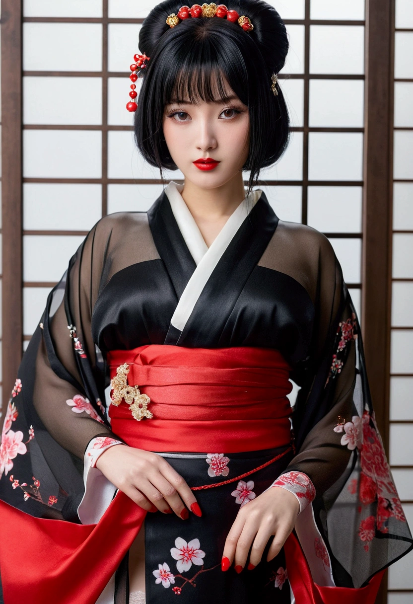 looking at the viewer, , black hair, hair ornaments, Upper body, kimono, kimono, sash, compensate, lipstick, red nails, ,silk stockings ,See-through hakama, ,whole body ,See-Through,Black face veil , black nylon , silk stockings ,See-through hakama、A transparent black kimono ,sheer ,enamel high heels,pearl necklace,red collar,straight, shortcut, hair ornaments