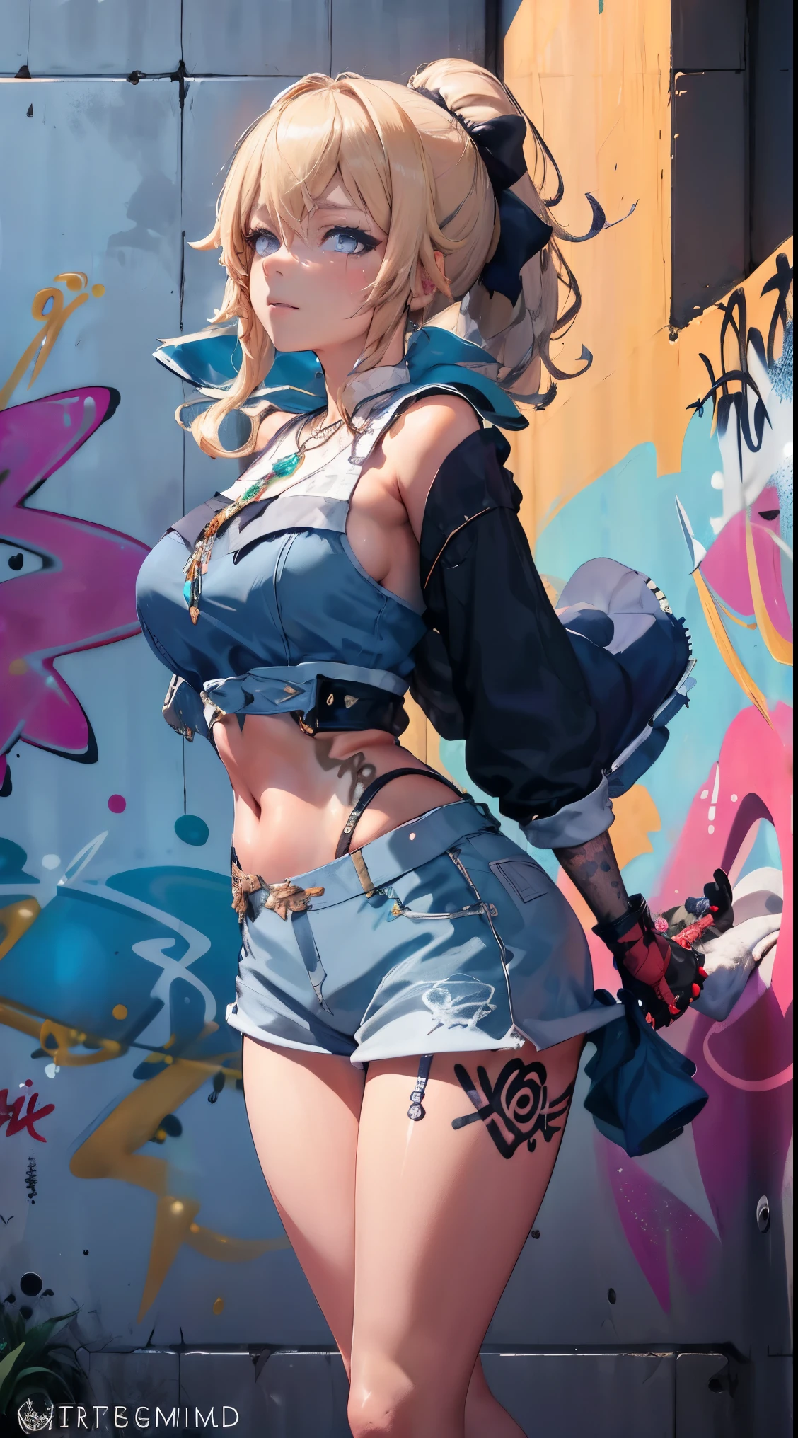 The Genshin Impact, masterpiece, best quality, 1 Girl, , ,only, Crop Top, Shorts Jeans, Necklace, (Graffiti:1.5), Splash with purple lightning pattern., Arms behind your back, Against the wall, View from the front., Thigh straps, Head tilt, boring, Water Eye,