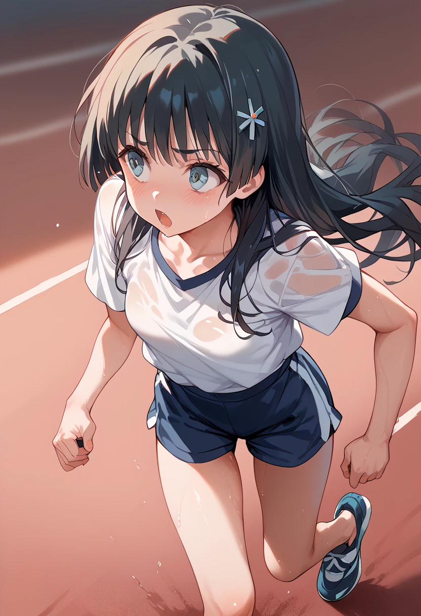 masterpiece,High resolution,Highest quality,8k
(Saten Ruiko)(14-year-old female,Long Black Hair,Small breasts,Slim body,Hairpin)
(School gym clothes)Running on the ground,Sweat,A painful face