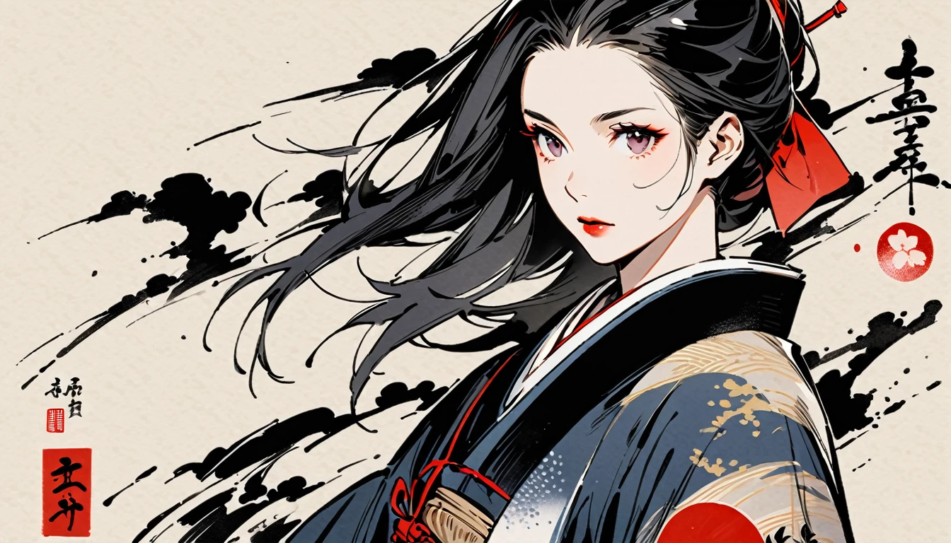 (((warrior))), (((Ink Painting))), (((1 girl))), (((Japan刀))), (((woman))), (((warrior))), Black Hair, Delicate and precise, Modern ukiyo-e style,Japan, Japanese flag