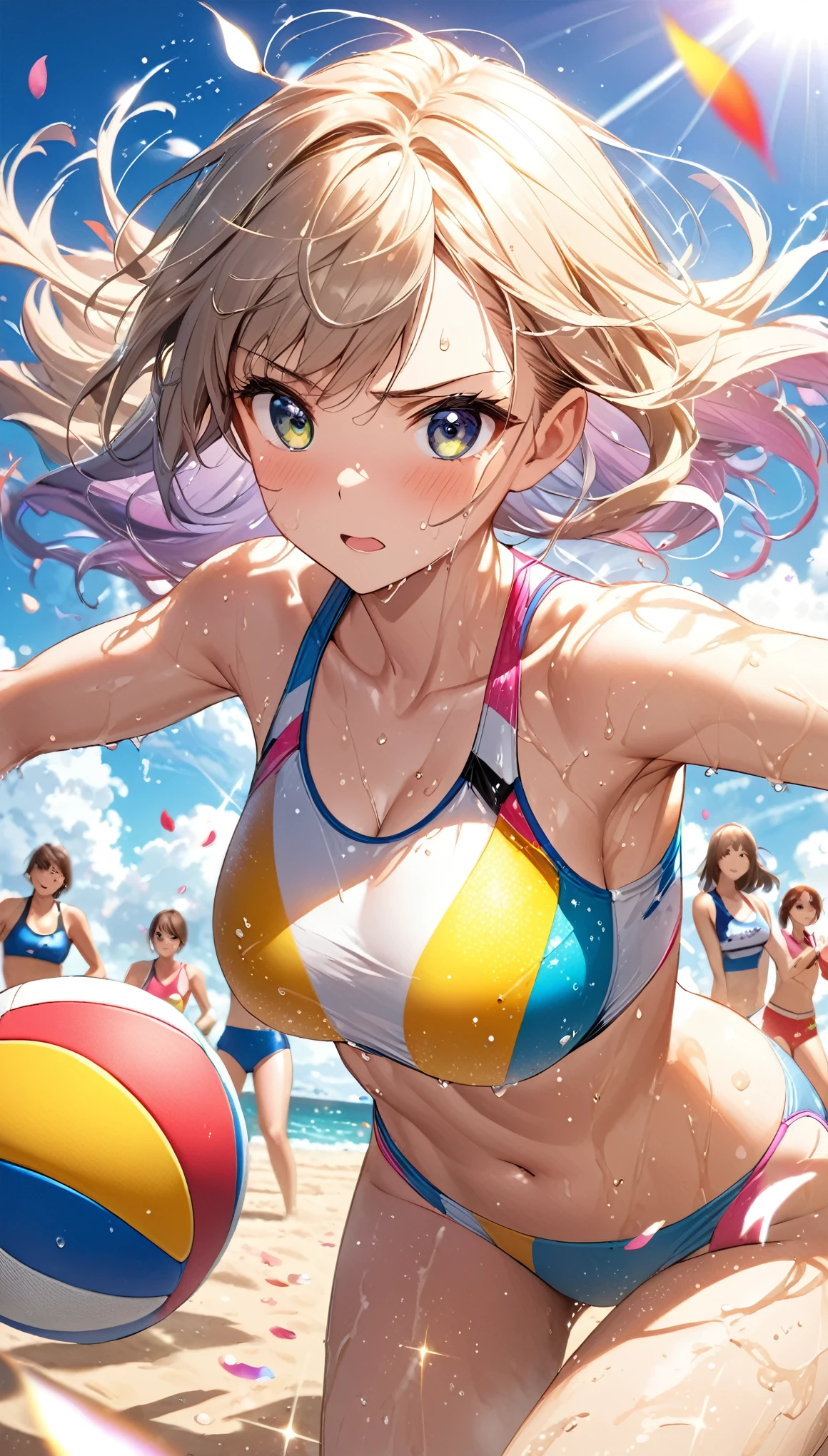 (Sports magazine cover photo), Highest quality, Great quality, 16K, Unbelievably absurd, Very detailed, delicate and dynamic, Natural light, The particles reflect light, Diffuse reflection of light, Many rainbow-colored petals fall, Beautiful sandy beach, Sparkling Sun, Diffuse reflection of light, Create amazing image effects, , Wet, sweating, Beach Volleyball, receive, Close-up(Cute sexy girl, big bouncing busts, Sensual expression, Cool girl, Serious, passion, Dynamic, Flashy swimsuit, ,audience , much-air-laden cheer)