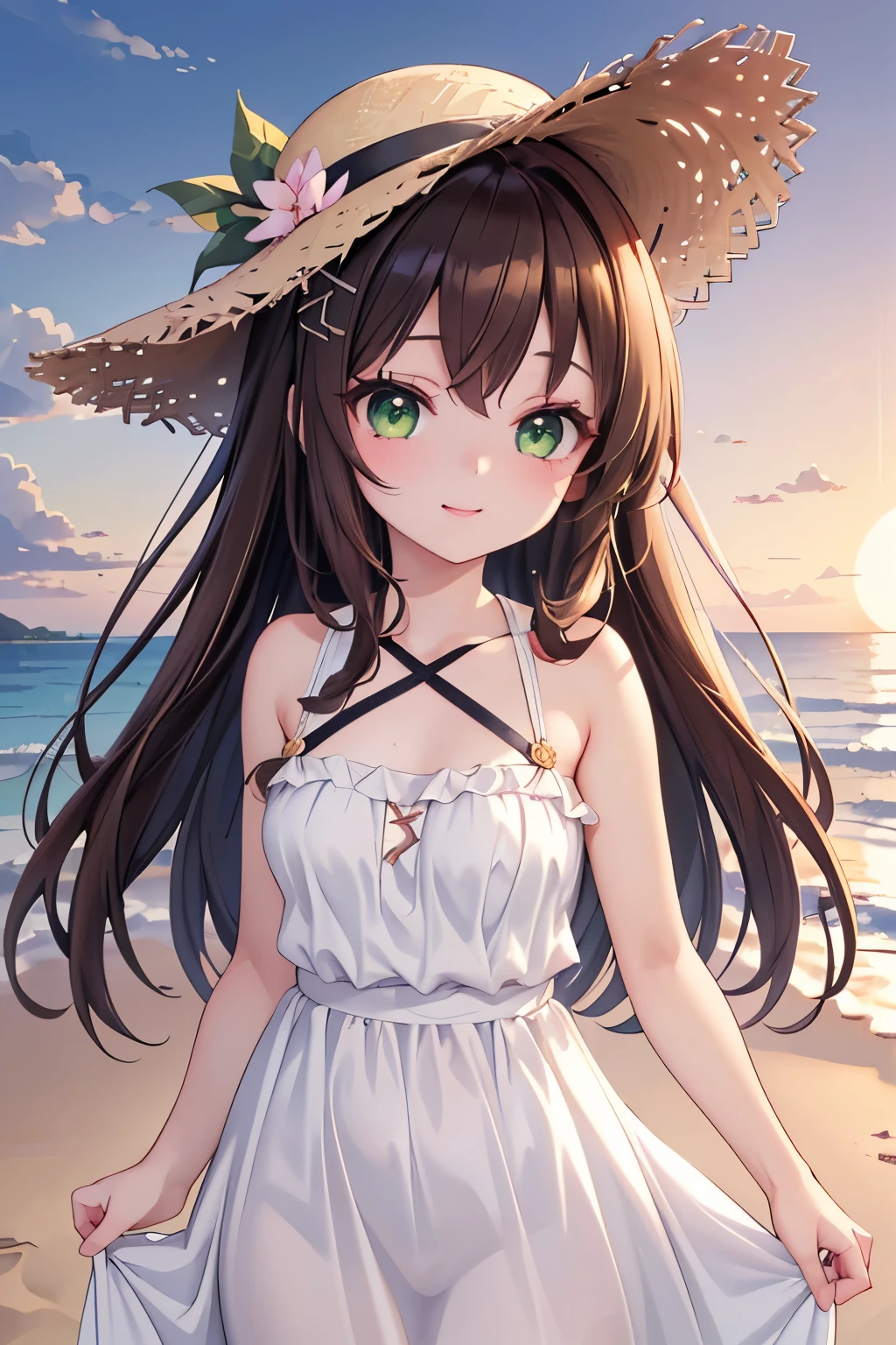 ((masterpiece, Highest quality, High resolution, 超High resolution, Pixel perfect, Written boundary depth, 4K, RTTX 10.0, High resolution))), 1 girl, single, alone, Beautiful Anime Girls, Beautiful art style, Anime characters, ((Shortcuts, bangs, Dark brown hair, Simple hairpin)), ((Green Eyes:1.4, Round eyes, Beautiful eyelashes, current eyes)), ((Smooth texture:0.75, Anime CG style)), Medium chest, ((Dynamic Angle, close)), Perfect body, (pretty girl), 1 girl, White Dress, Straw hat, Cute Smile, Sandy Beach, evening, sunset