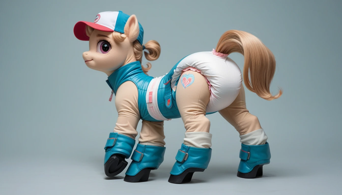 pony, light caramel unicorn, adult filly, stands on four hooves, rear hooves spread wide apart, dressed in bodysuit, cap and booties, solo, raised tail, thick diaper, who peeks out from under his clothes.