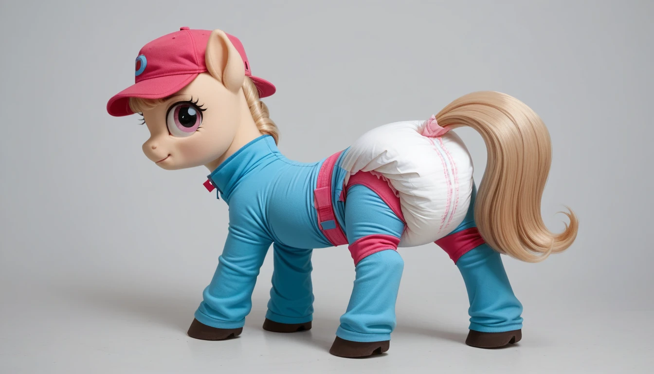 pony, light caramel unicorn, adult filly, stands on four hooves, rear hooves spread wide apart, dressed in bodysuit, cap and booties, solo, raised tail, thick diaper, who peeks out from under his clothes.