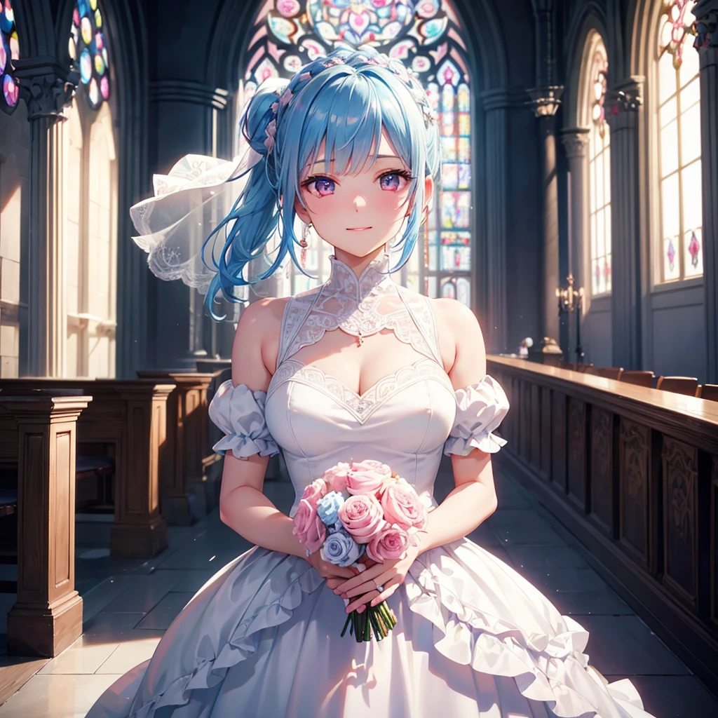 Sky blue hair, (Braided Ponytail),(Pink Eyes),Fair skin ,(whole body),(One Girl),bride,Big smile,Straight bangs, 6月のbride,Wedding dress,(masterpiece, Highest quality, Very detailed, Best Shadow), (Detailed Background), (Beautifully detailed face), High Contrast, (Best lighting, Very delicate and beautiful), ((Cinematic Light)), colorful, Hyper Detail 8k, Dramatic Light, Intricate details,Pure white sparkling background,A bouquet of roses in the right hand,Ring on left ring finger、cathedral、Stained glass、Sacred Light、Virgin Road、altar、