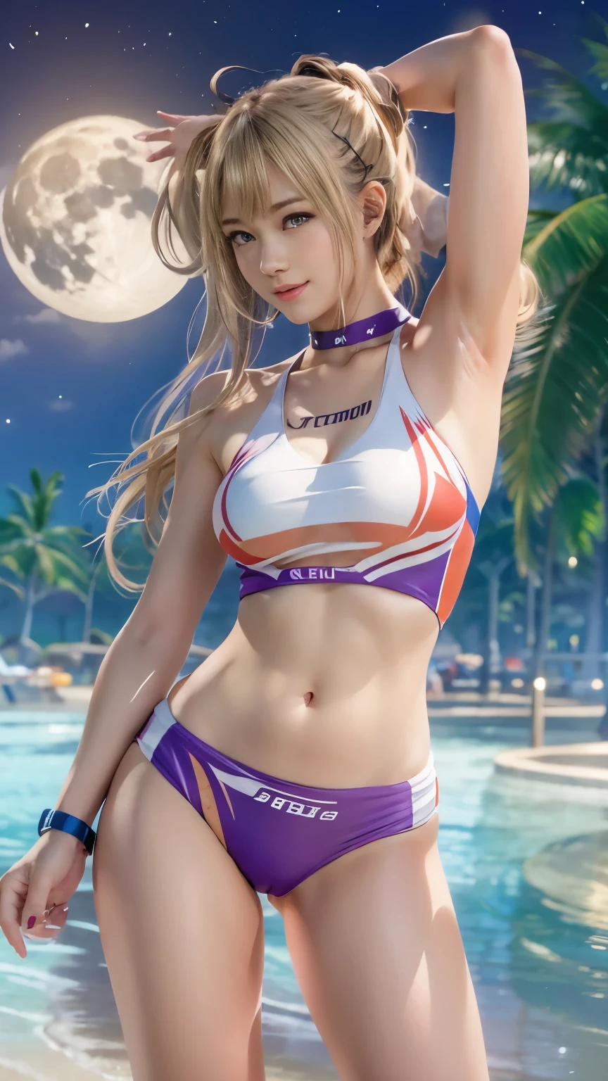 Tears of joy, (Flashy competitive swimwear, Beach volleyball player), (Sandy Beach, Receive:1.5), Background is the moon sky, doaxvv_Marie Rose, 1girl, big bouncing busts. black choker, uhd, retina, masterpiece, ccurate, anatomically correct, textured skin, super detail, high details, high quality, best quality, highres, 4K