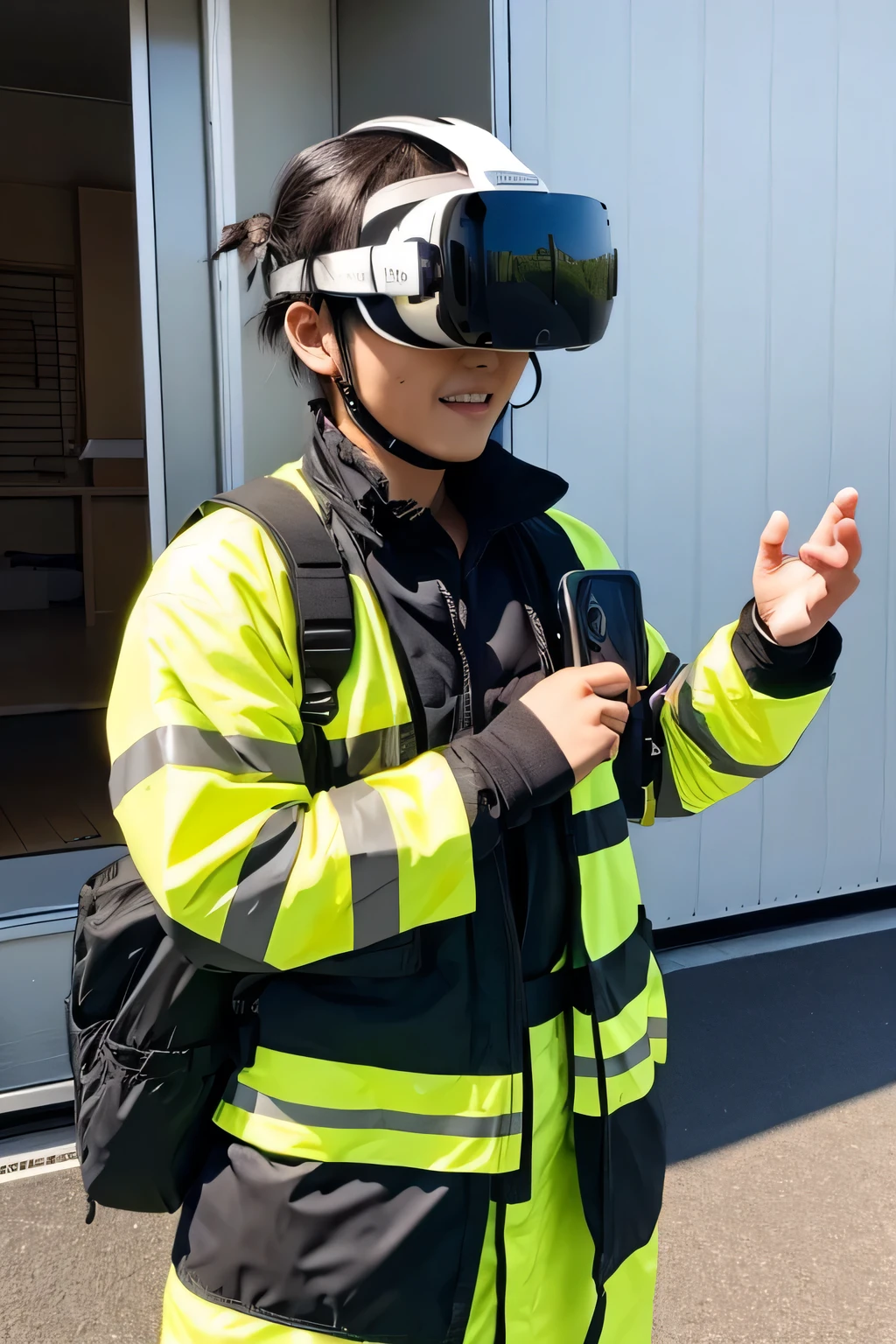 A photo of a Japanese firefighter wearing VR goggles
