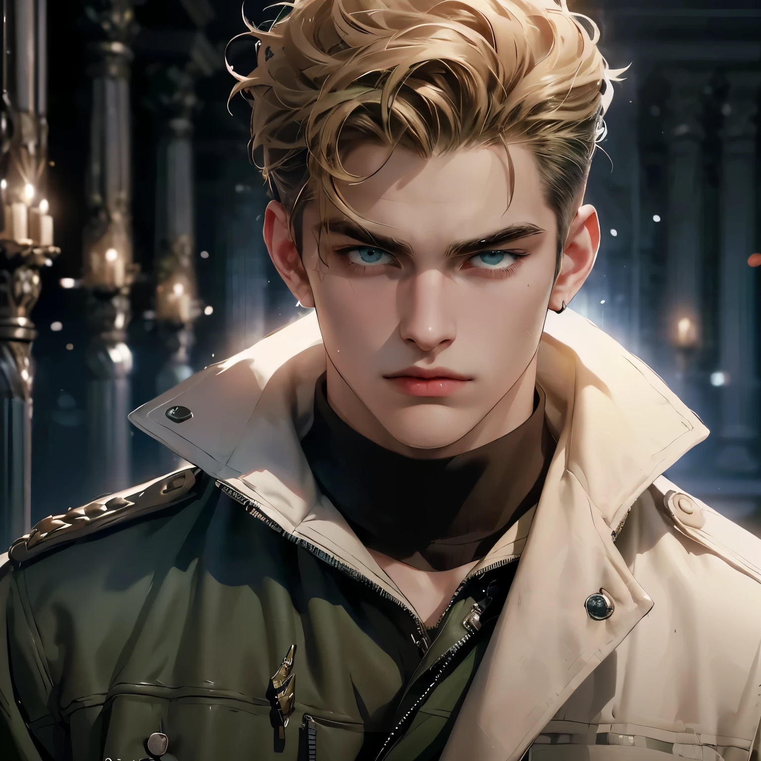 ((1 man)), A strong man in his 20s, dark blonde soft mohawk, ((Taking a snapshot by mistake)) , ((wearing black shirt with green coat)), Square and strong jaw, wild and handsome, dark blue eyes, Charm, Gentle eyes, Wearing leather gloves, University corridor, cinematic lighting, unreal engine, surreal, super high quality, (((masterpiece))), less muscular,