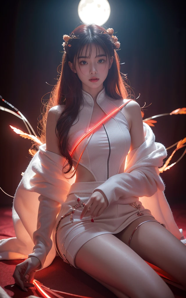 full image, Seven-hit shooting, 18 years old, Wearing transparent sci-fi clothes, Exquisite face, detail, hand, ultimate detail, Stunning magnificence, LED interior lighting, Pedepin (Pedaipan) style, Fiber Hair, Glowing red iris, Glowing red iris, sit,