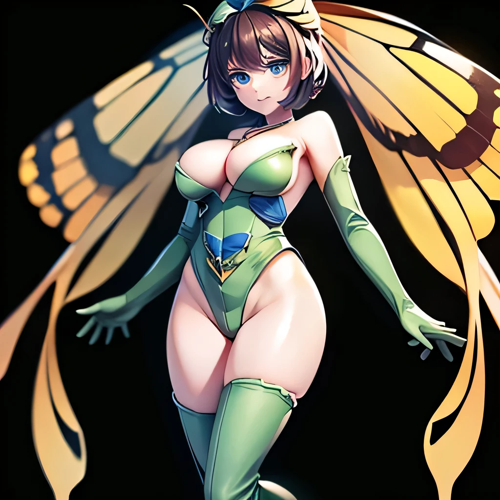  ((masterpiece,best quality,ultra-delicate,Perfect Face,16k,high resolution,very beautiful woman)),yellow butterfly wings on the head,brown medium short hair,black hair oval ornaments:1.2,green leotard,green long boots ,green long arm gloves, large breasts,gold necklace,seductive pose,cowboy shot